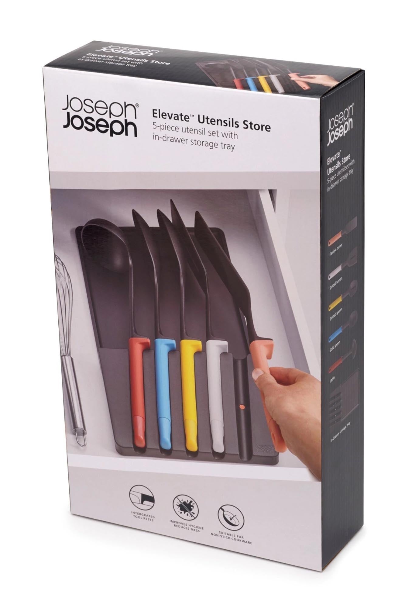 Das Elevate Utensils Set von Joseph Joseph: 5 hitzebeständige, langlebige Polypropylen-Utensilien, platzsparend und spülmaschinenfest.