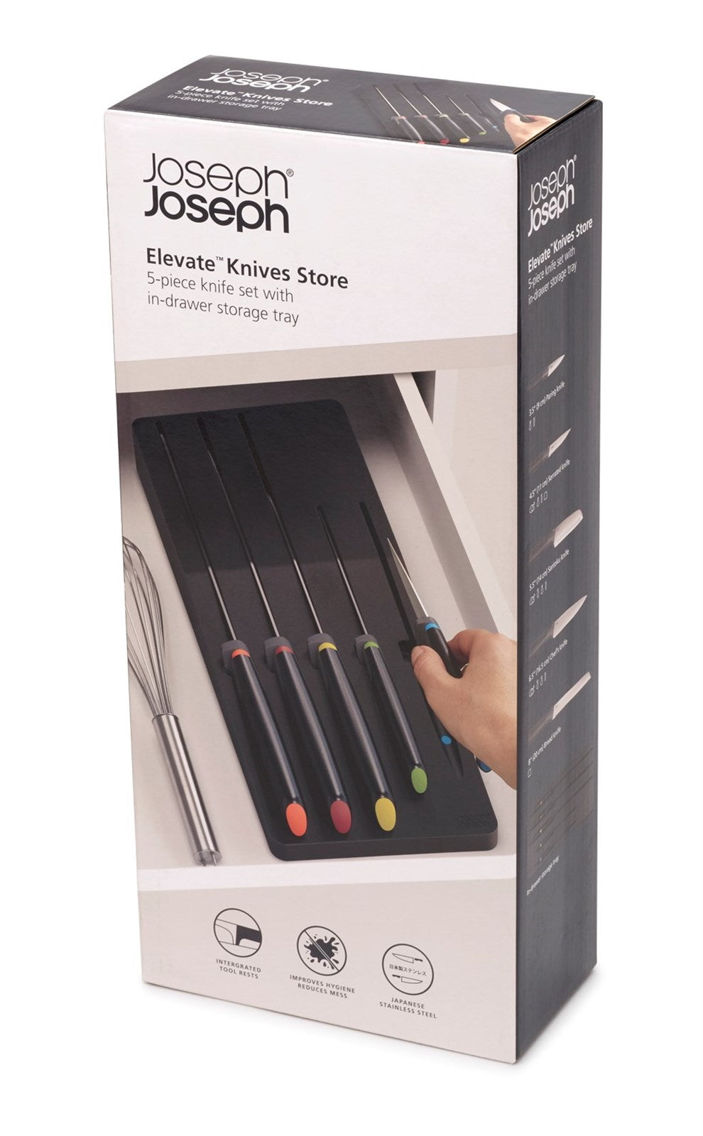5tlg. MesserSet von Joseph Joseph: Hochwertige Edelstahlmesser, platzsparende Schubladenaufbewahrung, ergonomisches Design.