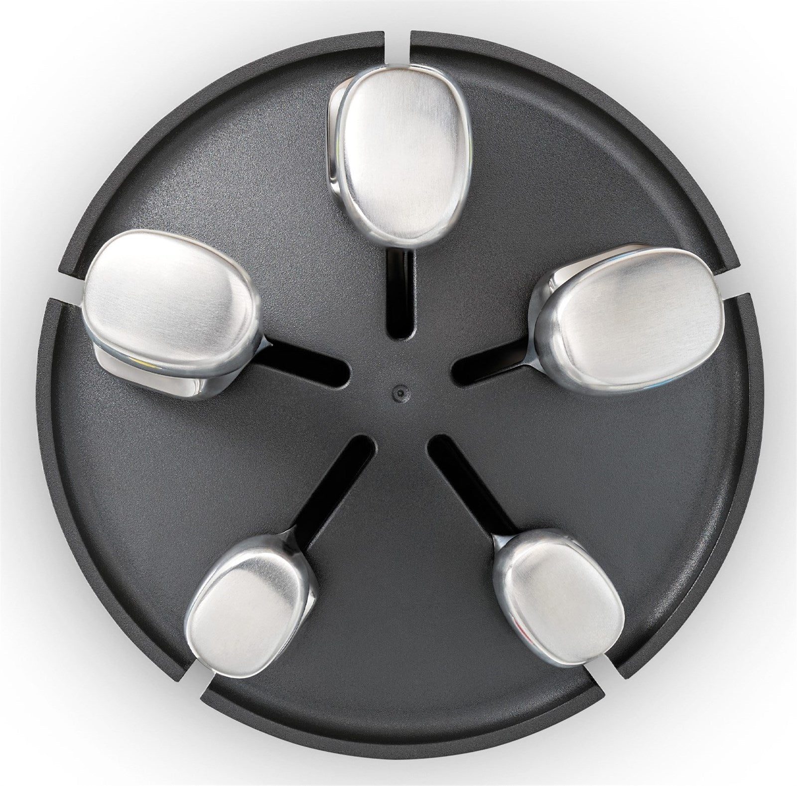 Elegantes 5-teiliges Edelstahl-Messerkarussell von Joseph Joseph: langlebig, vielseitig, ergonomisch und stilvoll für jede Küche.