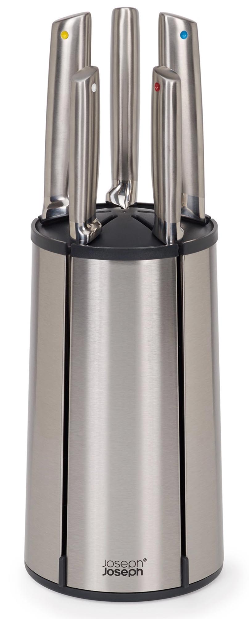Elegantes 5-teiliges Edelstahl-Messerkarussell von Joseph Joseph: langlebig, vielseitig, ergonomisch und stilvoll für jede Küche.