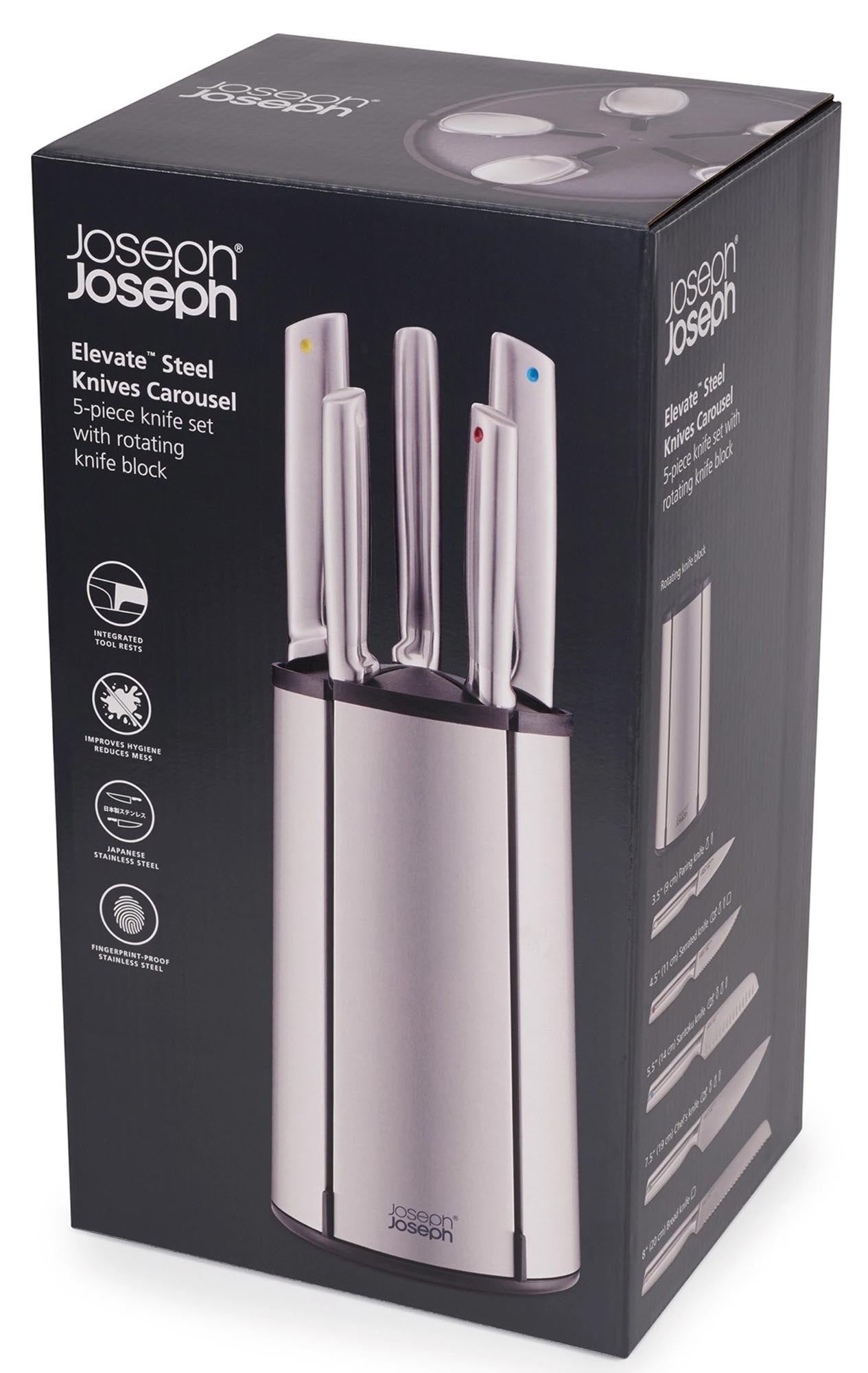 Elegantes 5-teiliges Edelstahl-Messerkarussell von Joseph Joseph: langlebig, vielseitig, ergonomisch und stilvoll für jede Küche.