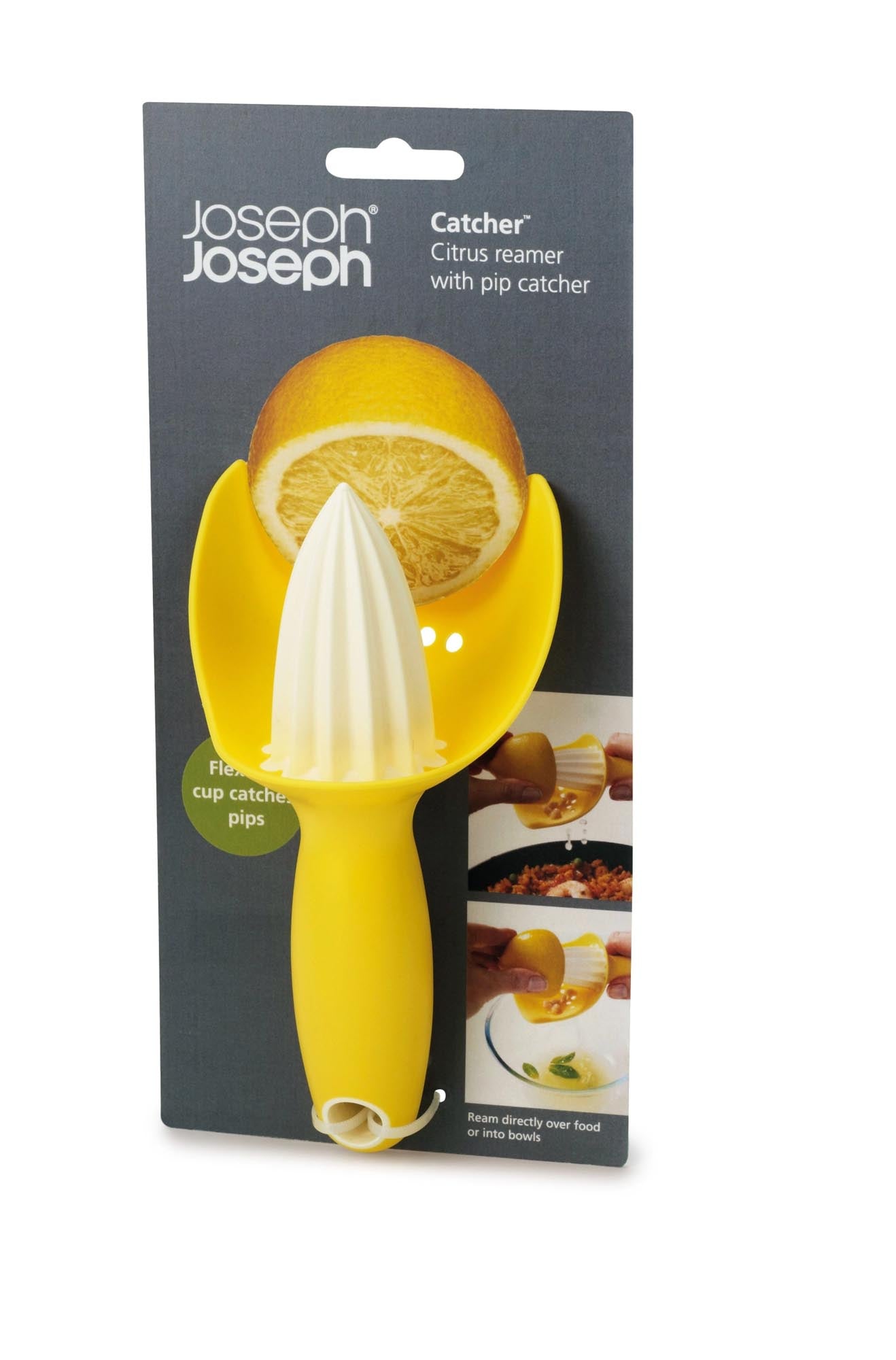 Entdecken Sie die stilvolle Zitruspresse von Joseph Joseph in fröhlichem Gelb. Kompakt, ergonomisch und einfach zu reinigen – ideal für frischen Saft!