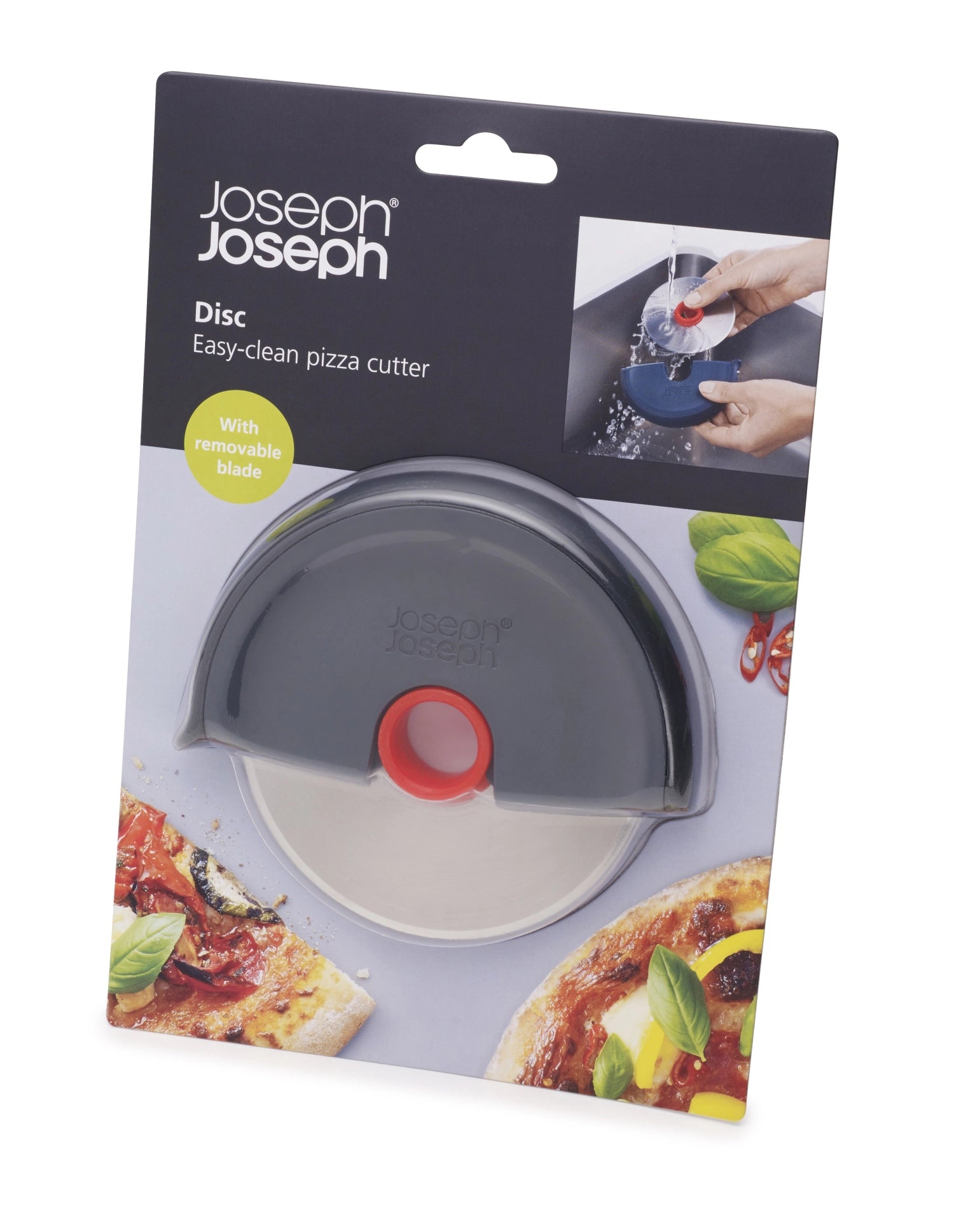Stylisches Pizzarad in Grau-Rot mit Silikonschutz, ideal für einfaches Schneiden und Servieren von Pizza, Maße 12x10.7x1.8 cm.