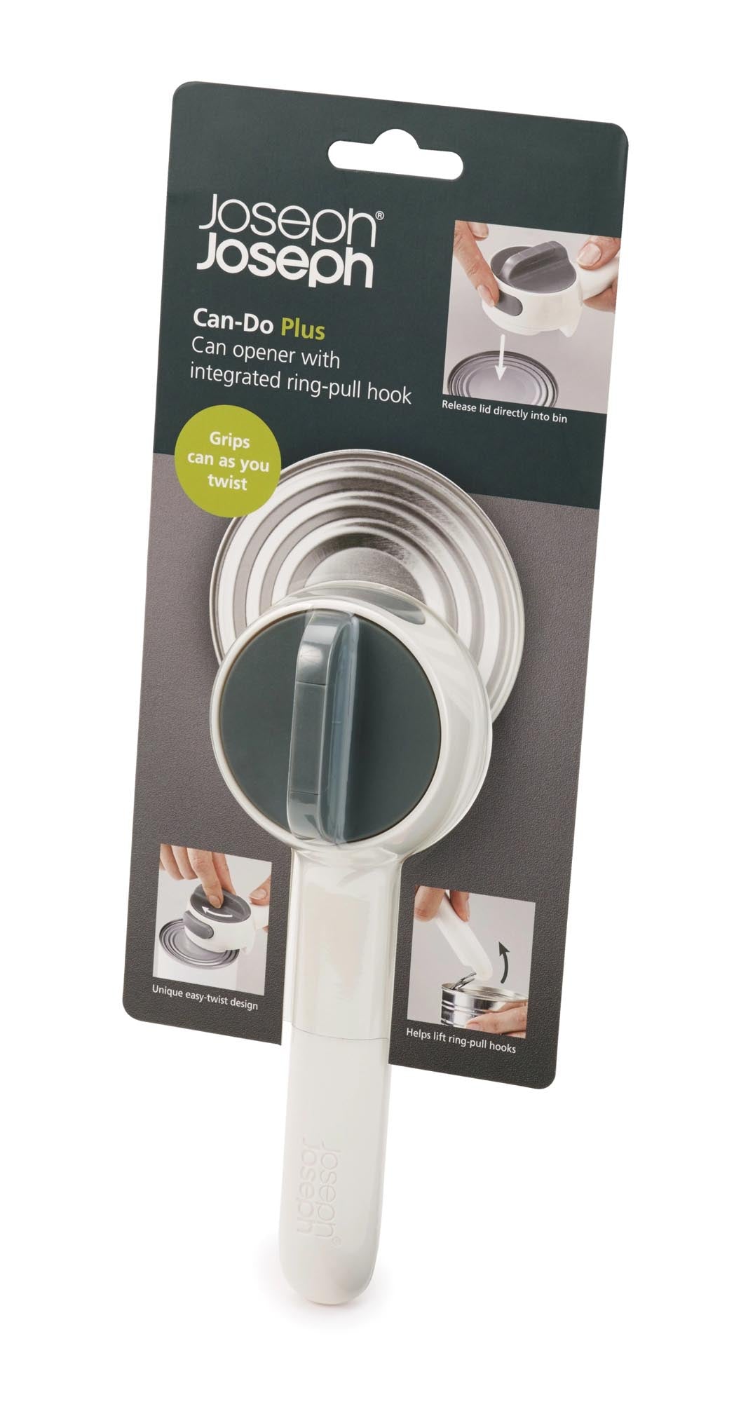 Der stilvolle CanDo Plus Büchsenöffner von Joseph Joseph in modernem Weiss und Grau vereint Funktionalität und elegantes Design für jede Küche.