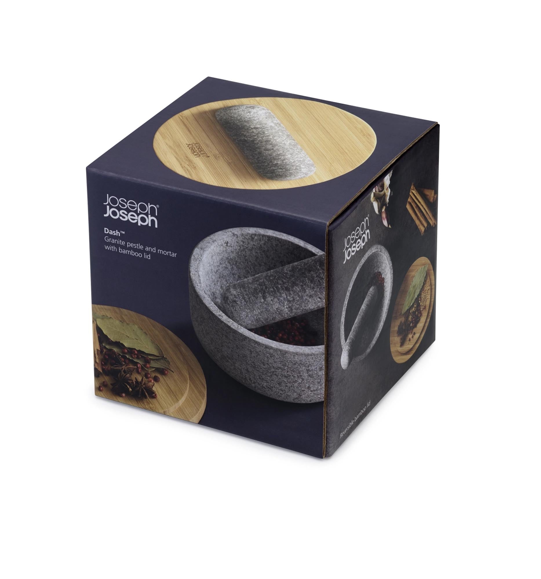 Entdecken Sie den eleganten Dash Mörser Stössel aus robustem Granit mit einem stilvollen Bambusdeckel – ideal für frische Gewürze und Kräuter!