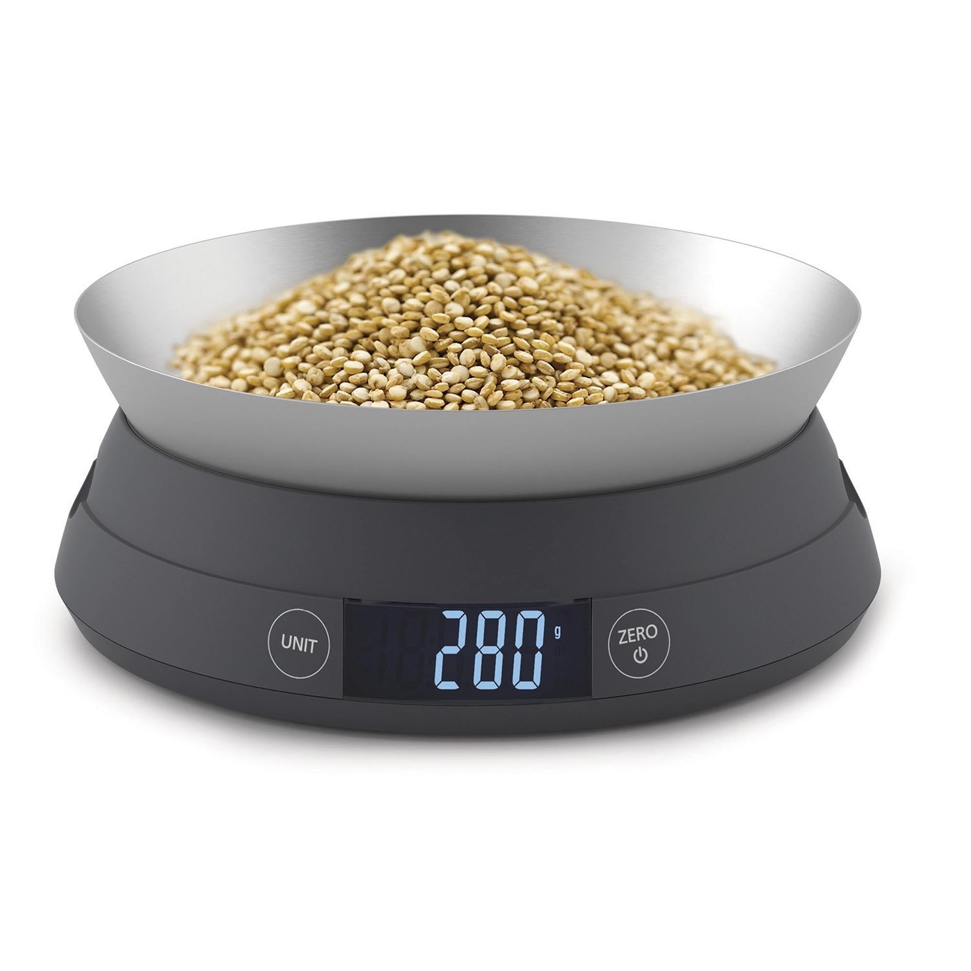 Praktische 2-in-1 Küchenwaage von Joseph Joseph in elegantem Grau, ideal für präzises Wiegen und platzsparend im Design.