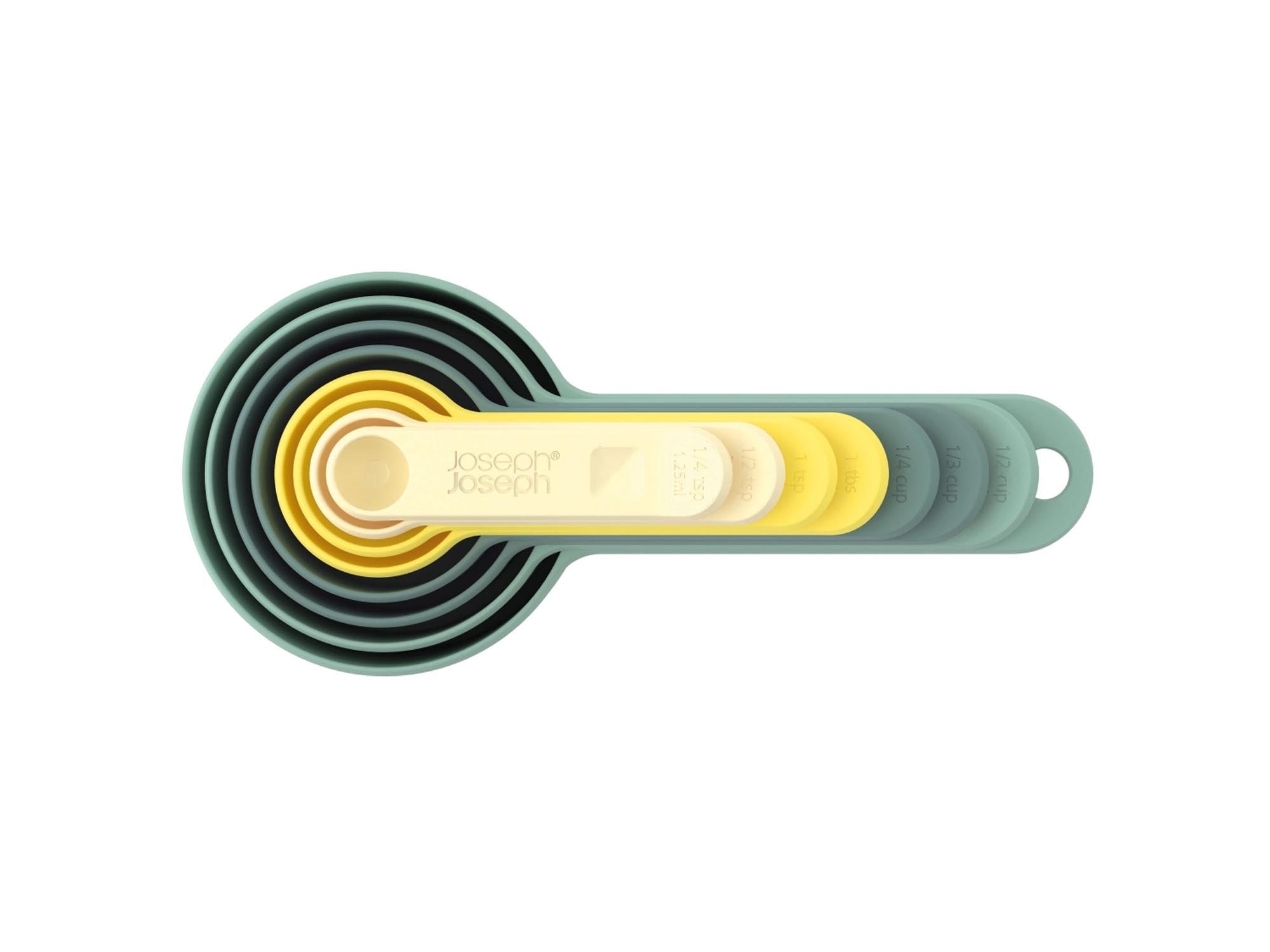 Entdecken Sie das stilvolle 8-tlg. Messlöffelset von Joseph Joseph. Bunte Farben, platzsparend und ideal für präzise Messungen in Ihrer Küche.