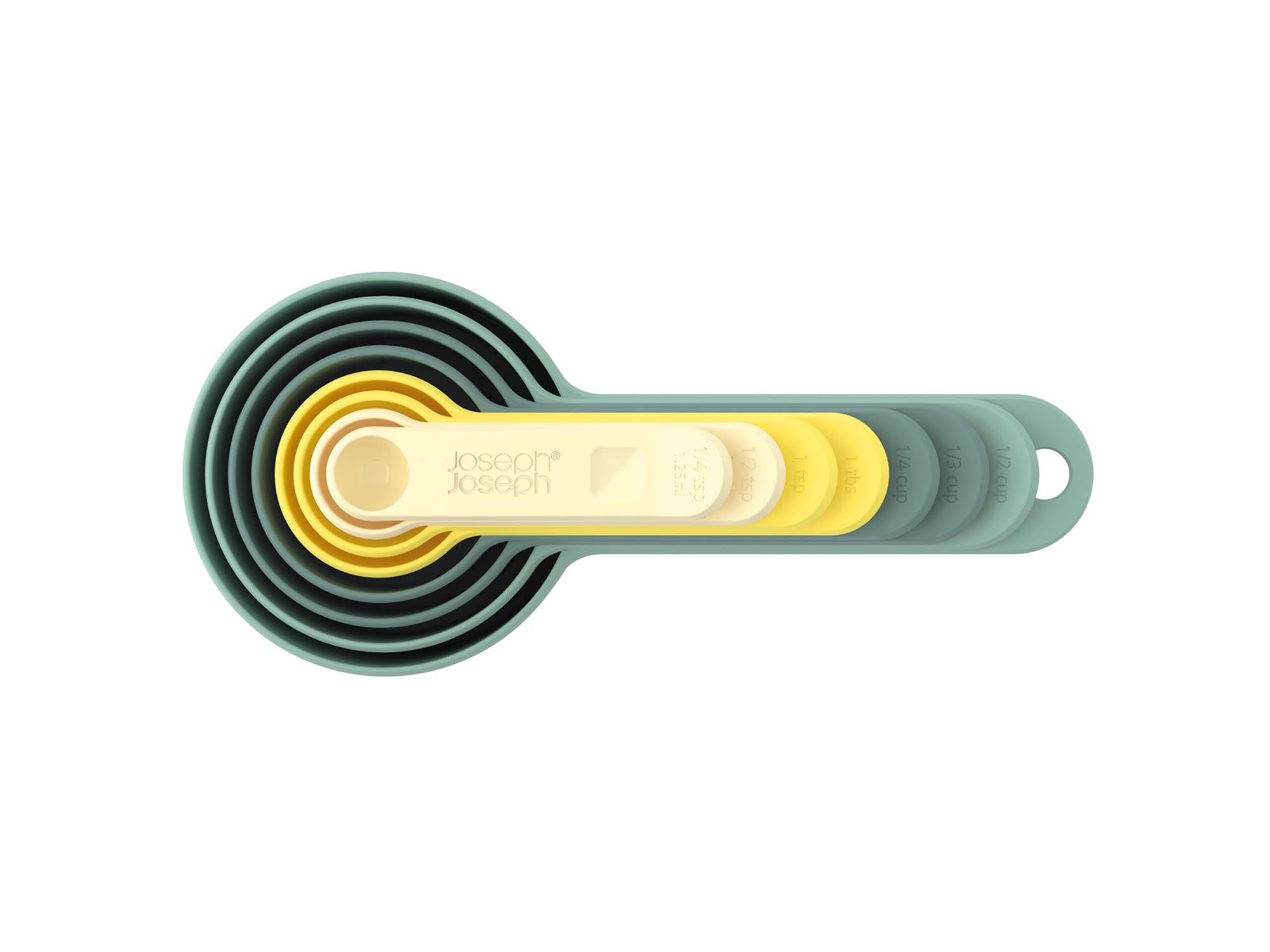 Praktisches 8-teiliges Messlöffelset von Joseph Joseph in buntem Design. Ideal für präzise Messungen und platzsparende Aufbewahrung.