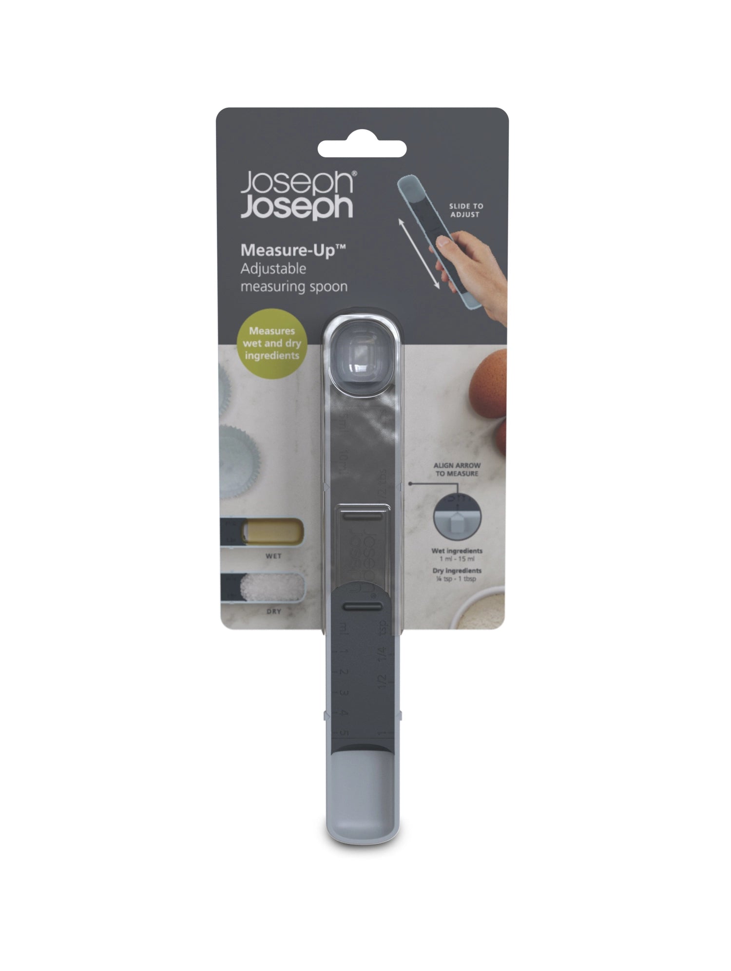 Innovativer, blauer Messlöffel von Joseph Joseph, der flexibel einstellbar ist und exakte Mengen für Ihre Kochbedürfnisse bietet.