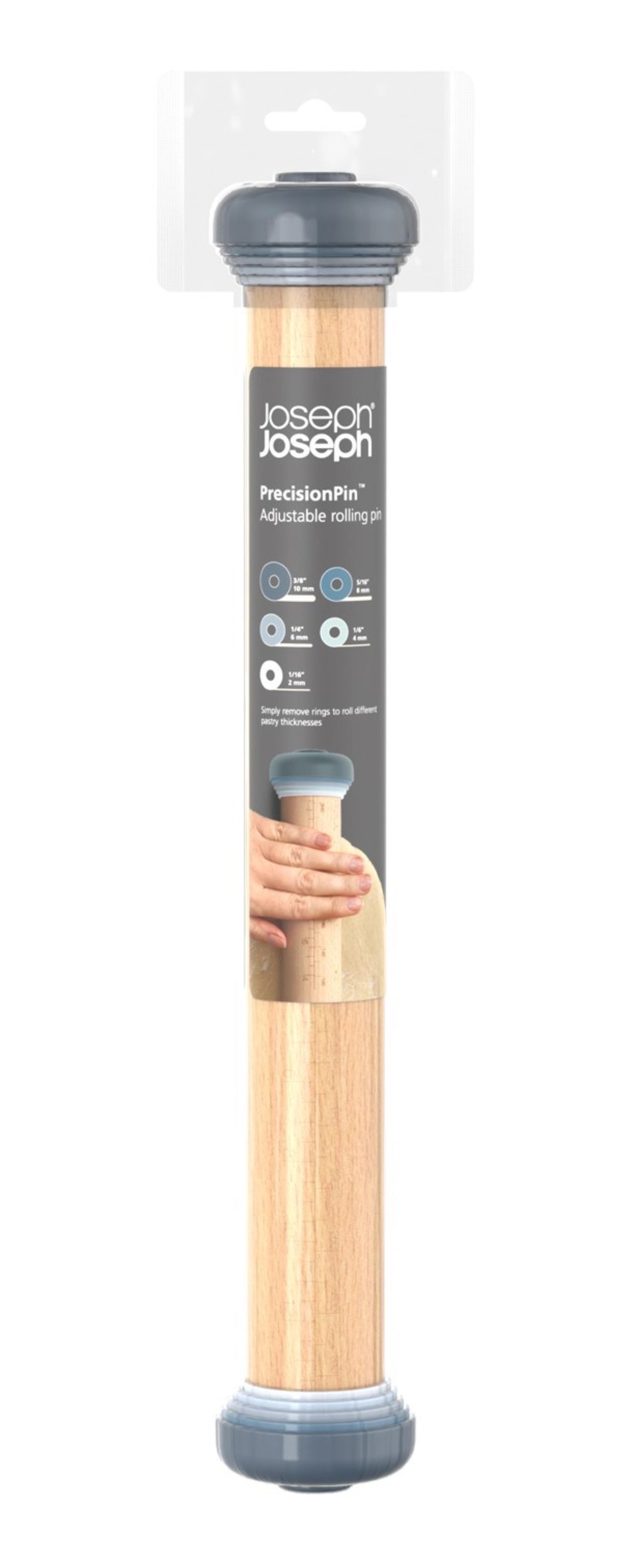 Präzises, verstellbares Nudelholz von Joseph Joseph, 42 cm lang, mit innovativen Ringen für perfekte Teigdicken und gleichmäßiges Ausrollen.