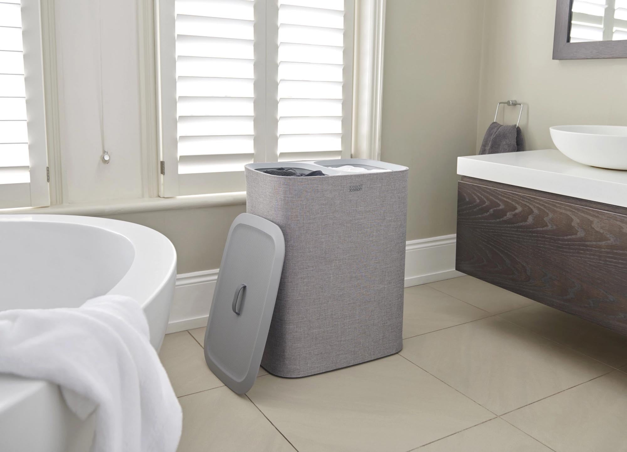 Stylischer 90-Liter-Wäschetrennkorb in modernem Grau von Joseph Joseph – ideal für eine geordnete und praktische Wäschetrennung.
