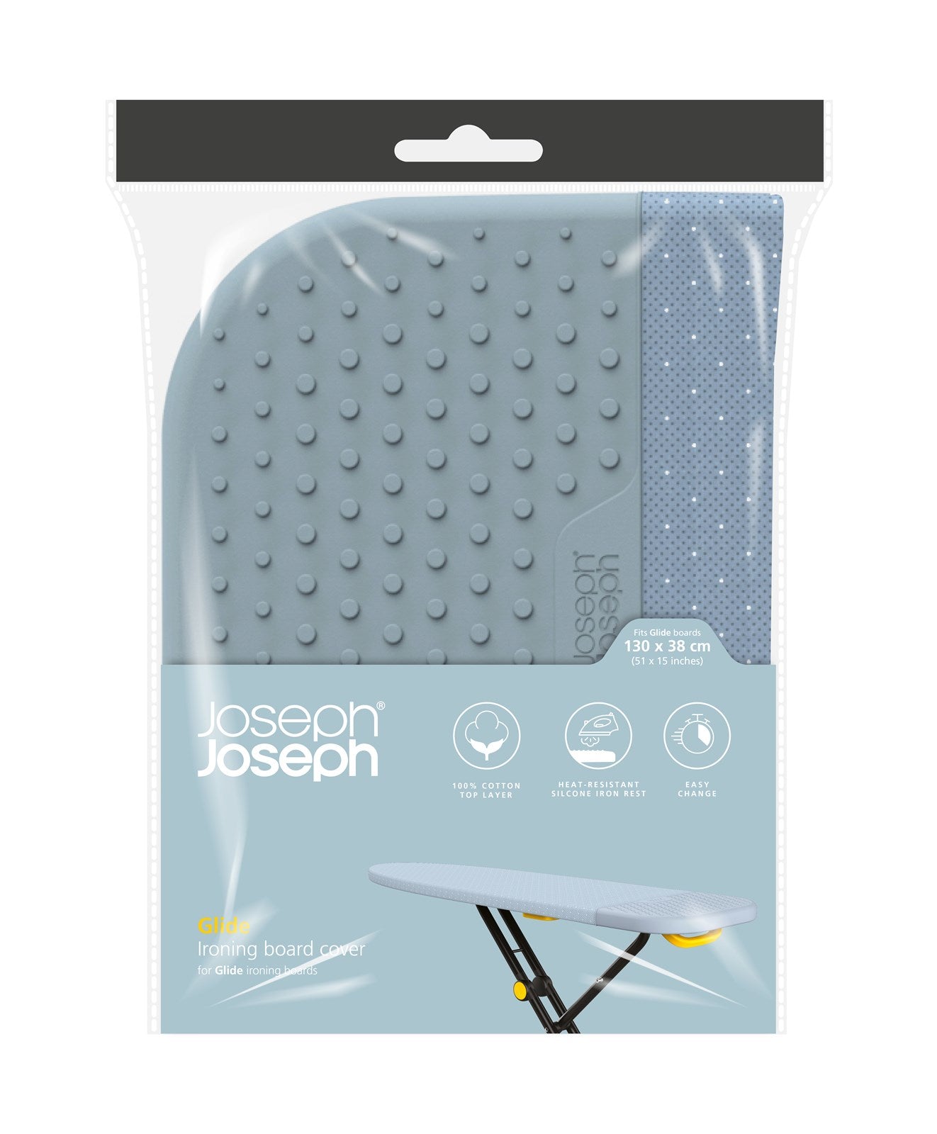 Praktischer Bügelbrettbezug von Joseph Joseph (130x38 cm) in elegantem Grau-Gelb, ideal für müheloses und schnelles Bügeln.