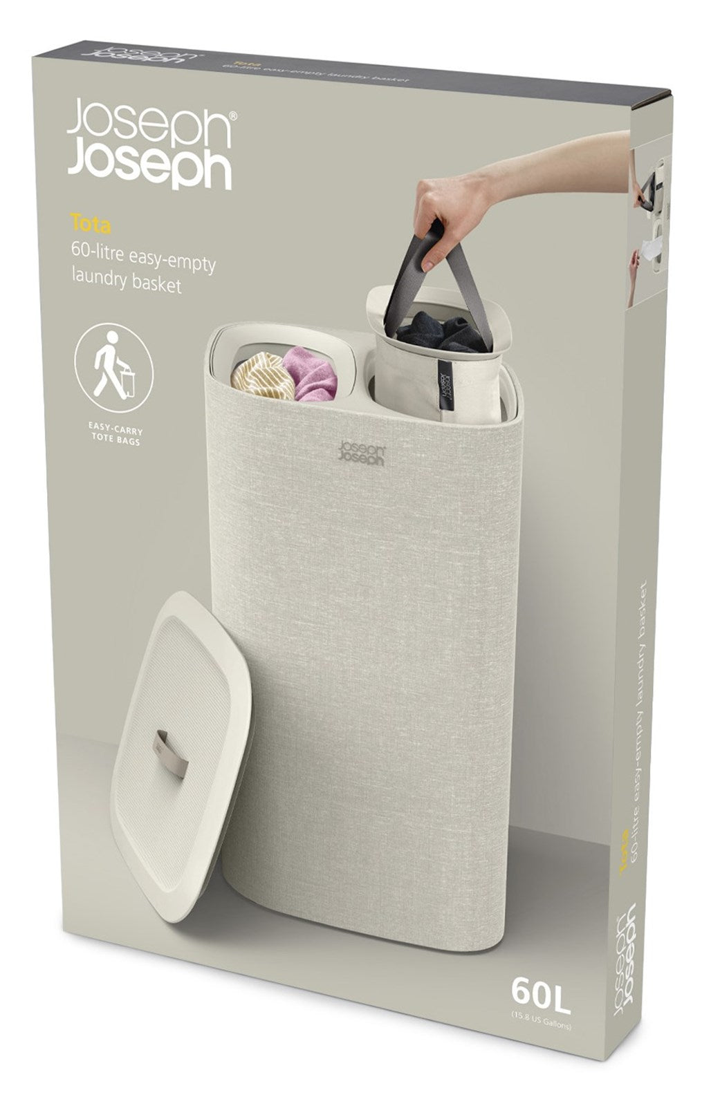 Stylischer 60L Wäschekorb in Ecru von Joseph Joseph: robust, ergonomisch und perfekt für eine ordentliche Wäscheorganisation in jedem Raum.