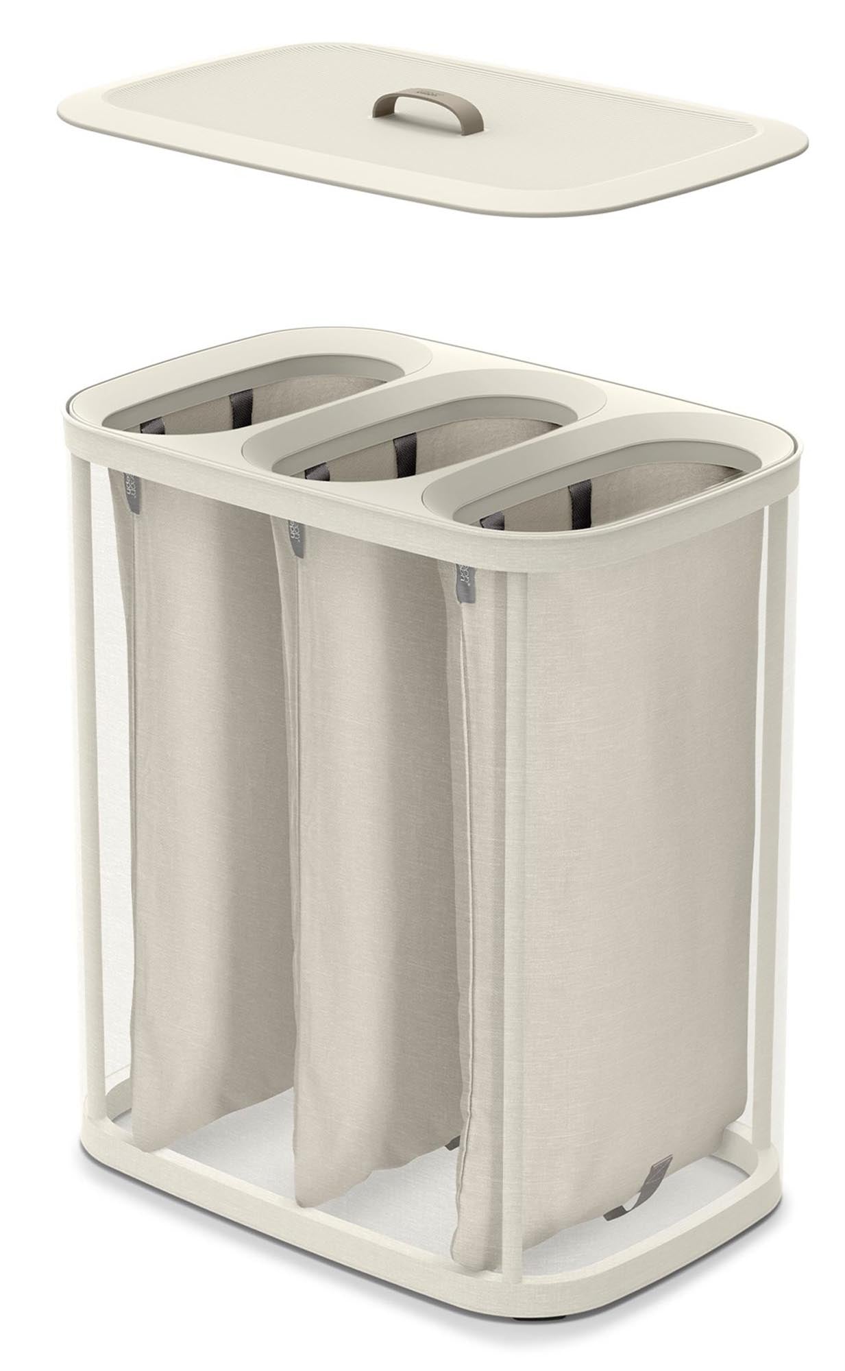 Eleganter 90L Wäschekorb in Ecru von Joseph Joseph. Ideal zur praktischen Wäscheorganisation mit drei Fächern für Farben und Materialien.