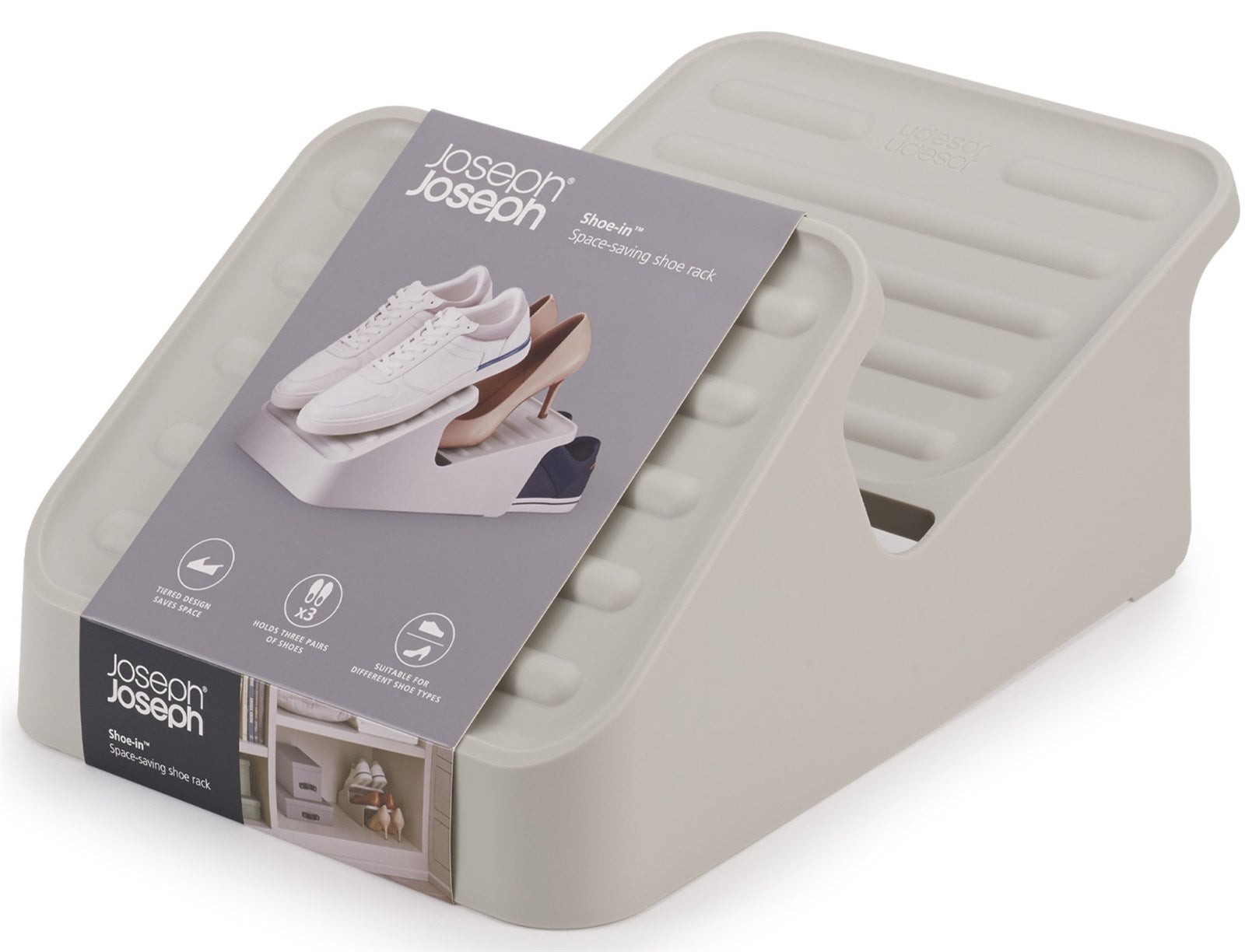 Kompaktes Schuhgestell in ecru von Joseph Joseph: Ideal für kleine Räume, bietet Platz für 12 Paar Schuhe, pflegeleicht und stilvoll.