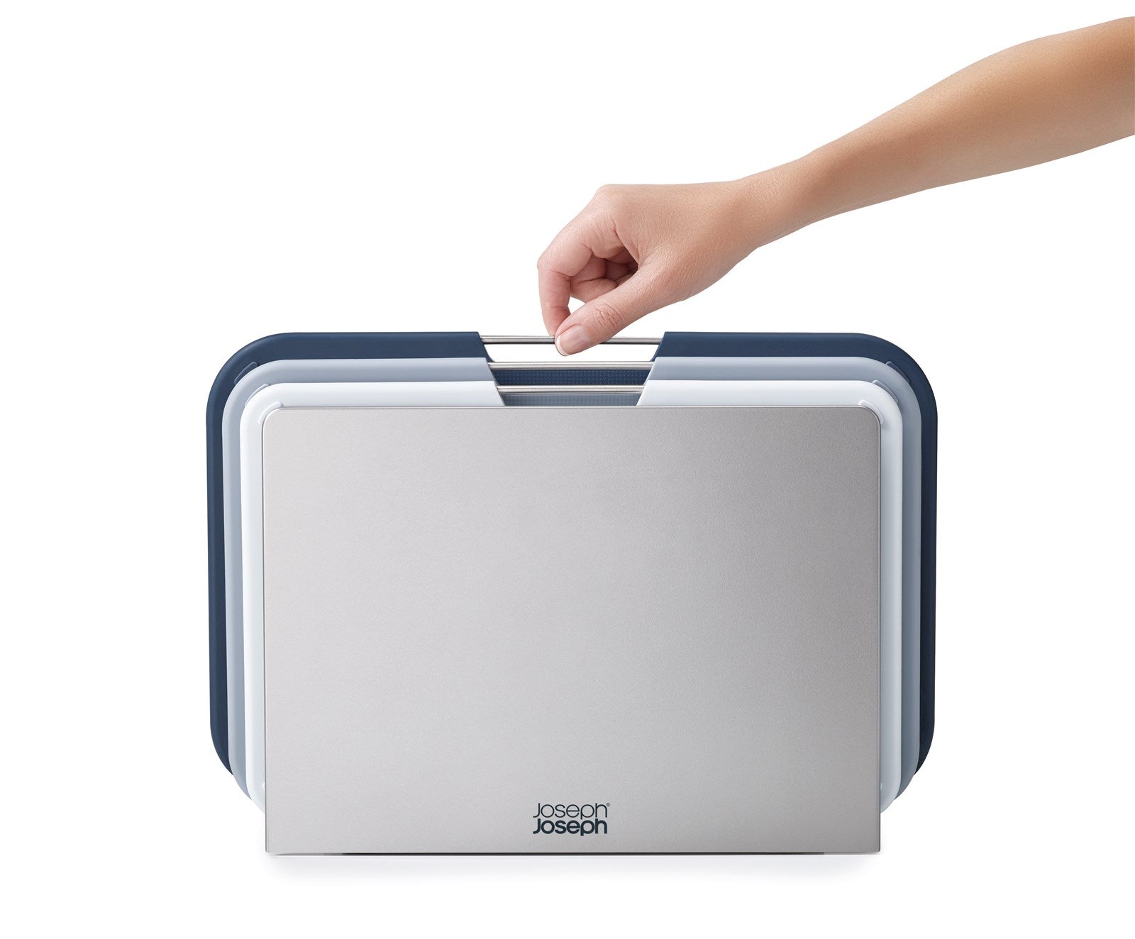 Entdecken Sie das stilvolle Nest graue Schneidebrett von Joseph Joseph – robust, hygienisch und mit praktischem Ablaufsystem für müheloses Kochen.