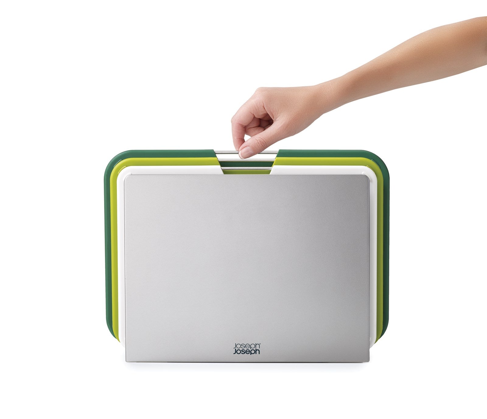 Grosses, grünes Schneidebrett von Joseph Joseph: robust, rutschfest, hygienisch, ideal für Gemüse, Fleisch und Fisch.