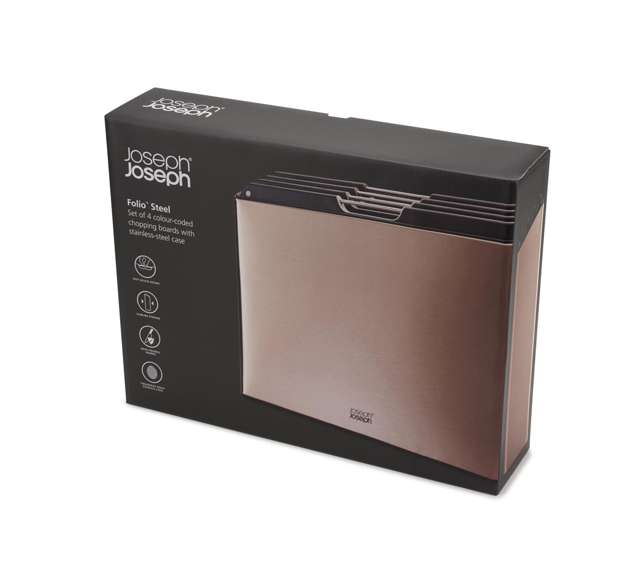 Elegantes Roségold-Design trifft auf Funktionalität: 4 robuste, hygienische Edelstahl-Schneidebretter von Joseph Joseph.