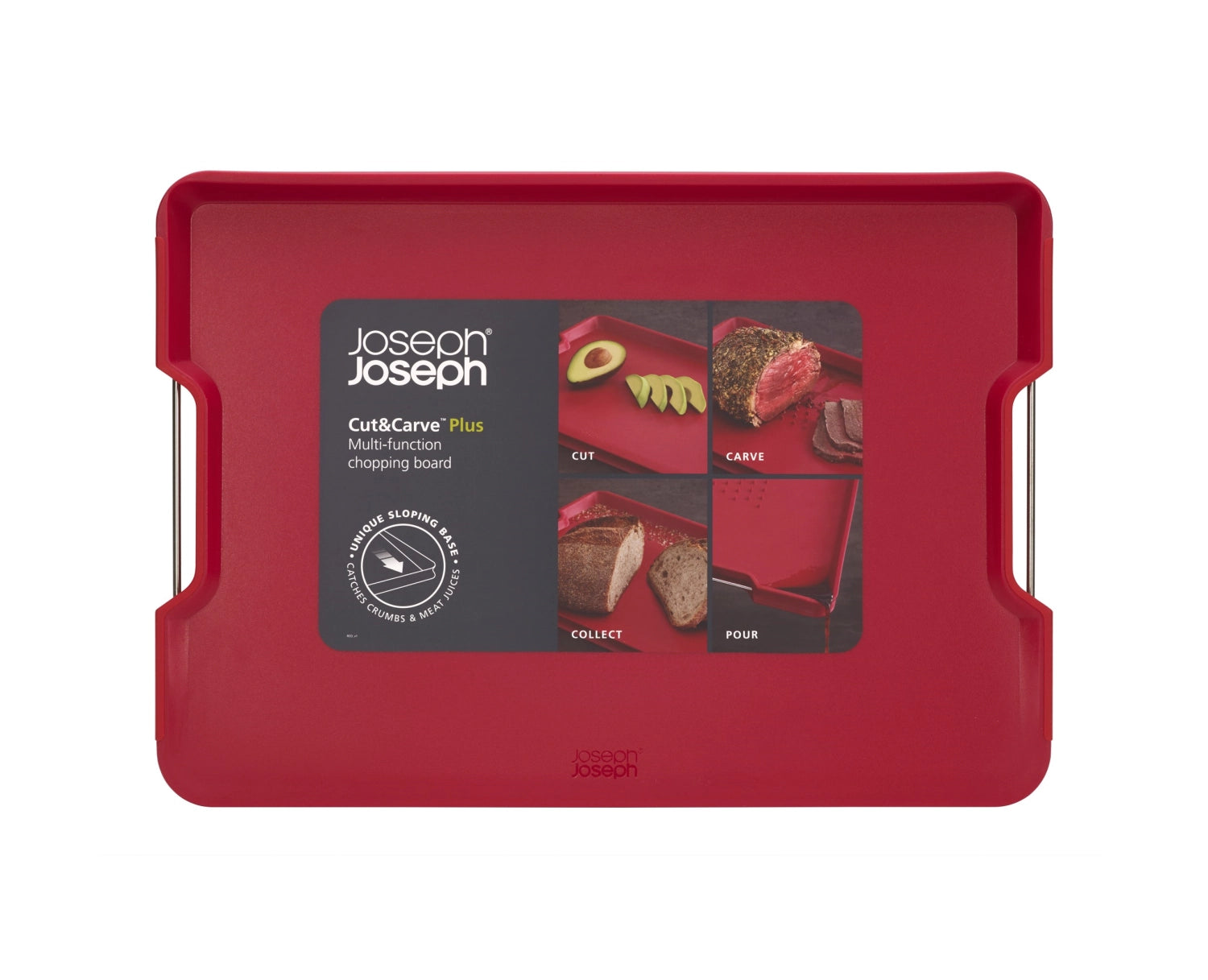 Großes rotes Schneidebrett Cut&Carve Plus von Joseph Joseph, ideal für präzises Schneiden und Zubereiten von Lebensmitteln.