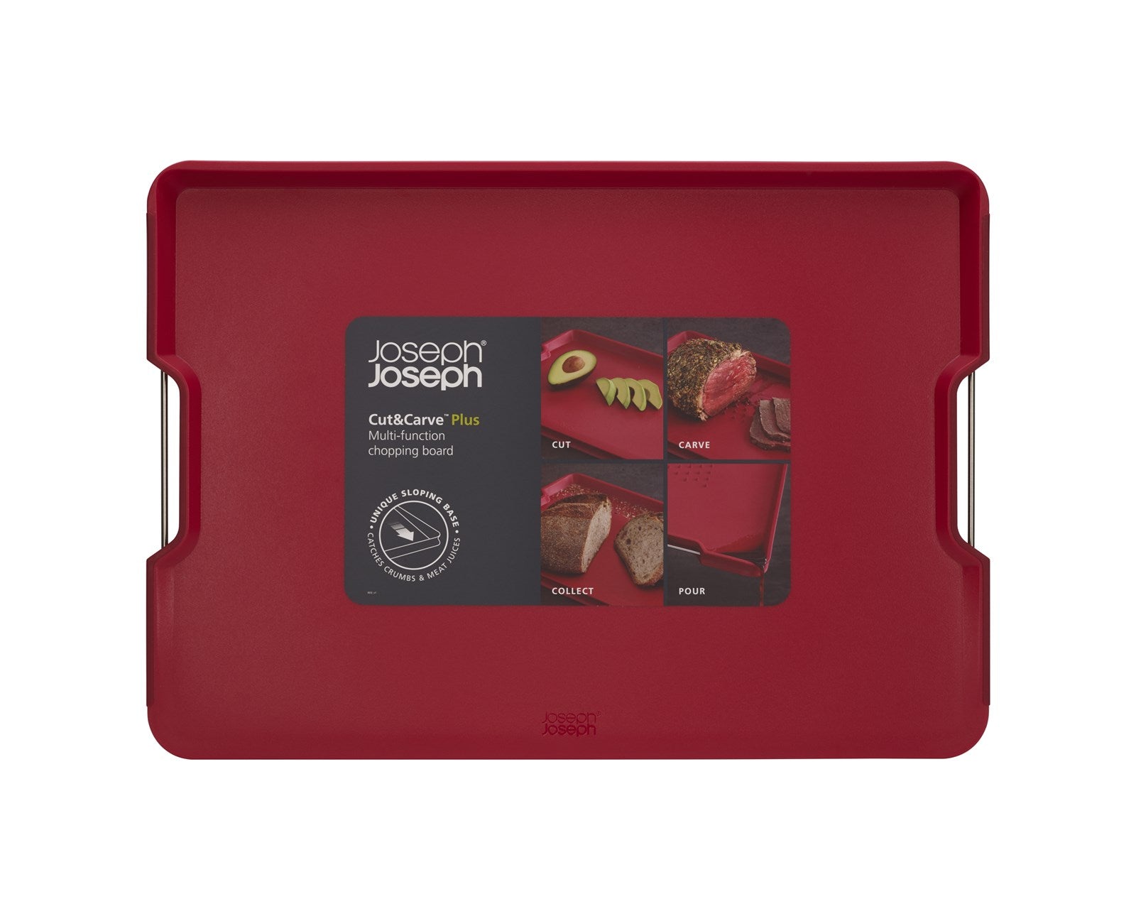 Vielseitiges, rotes Cut&Carve Plus Brett für sauberes Arbeiten.