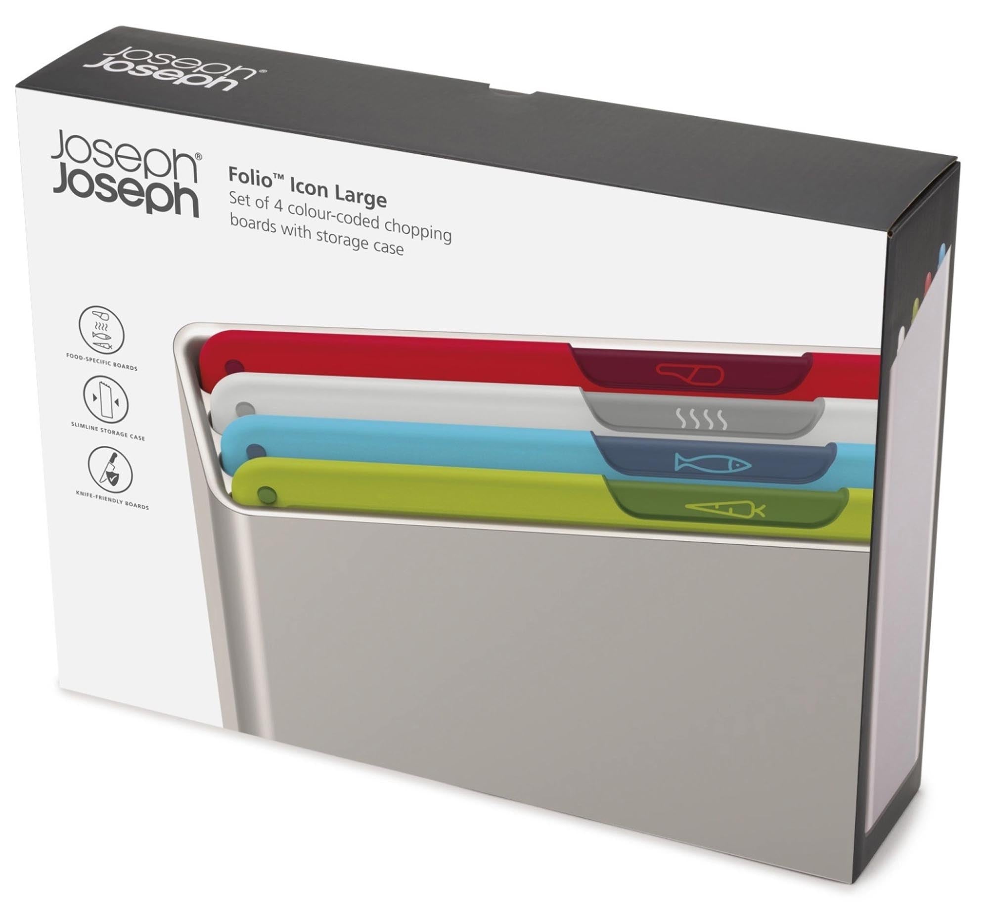 Das Folio Icon 4 tlg. Schneidebrettset von Joseph Joseph vereint stilvolles Design mit praktischer Funktionalität – ideal für hygienisches Kochen.