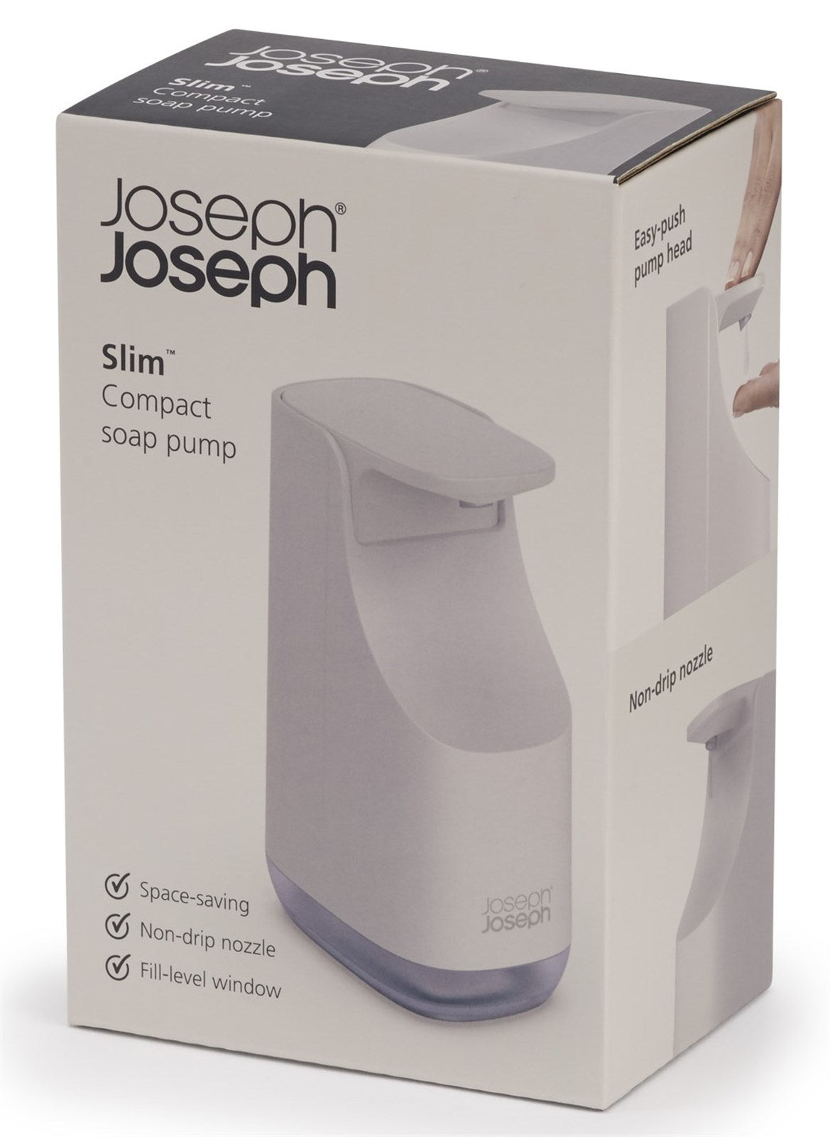 Eleganter, kompakter Seifenspender in ecru von Joseph Joseph: langlebig, hygienisch, platzsparend, ideal für kleine Räume.