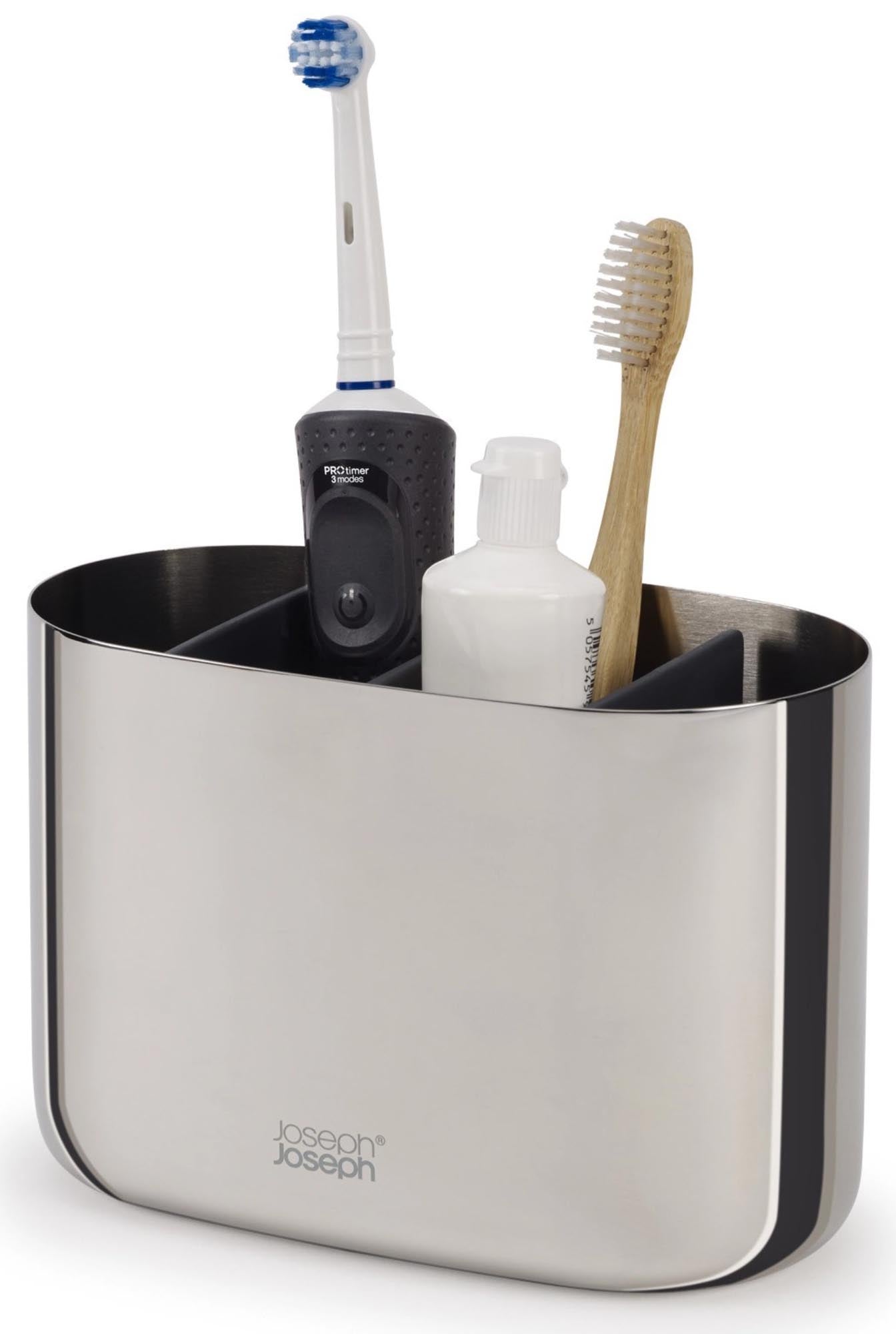 Stilvoller Zahnbürstenhalter aus hochwertigem Edelstahl, ideal für 4 Zahnbürsten. Langlebig, hygienisch und perfekt für jedes moderne Badezimmer.