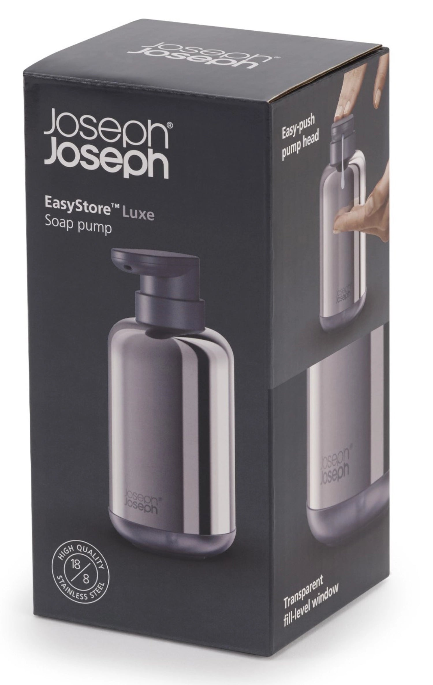 Eleganter Seifenspender aus Edelstahl von Joseph Joseph, ideal für ein modernes Ambiente in Bad und Küche, kombiniert Funktionalität mit zeitlosem Design.