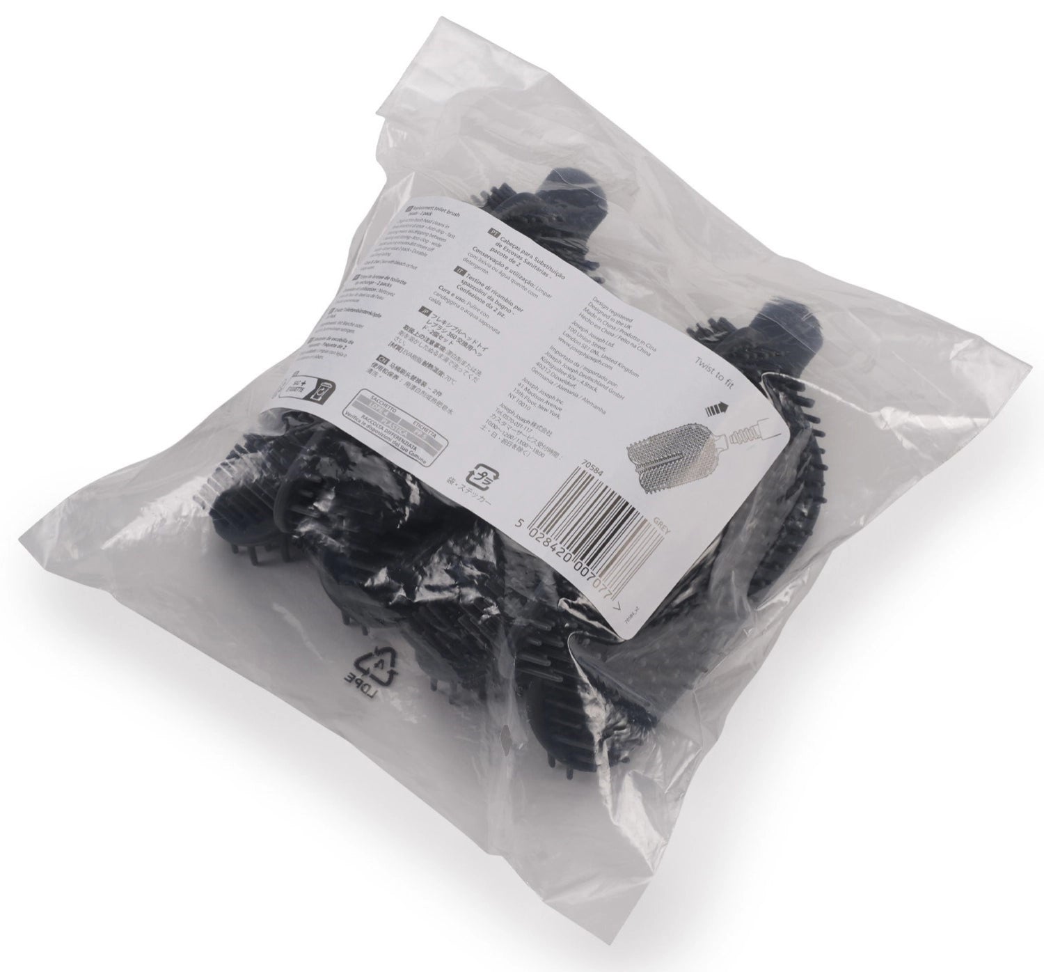Zwei graue Ersatzköpfe für Flex 360 von Joseph Joseph, ideal für gründliche Reinigung im Bad, vielseitig einsetzbar und langlebig.