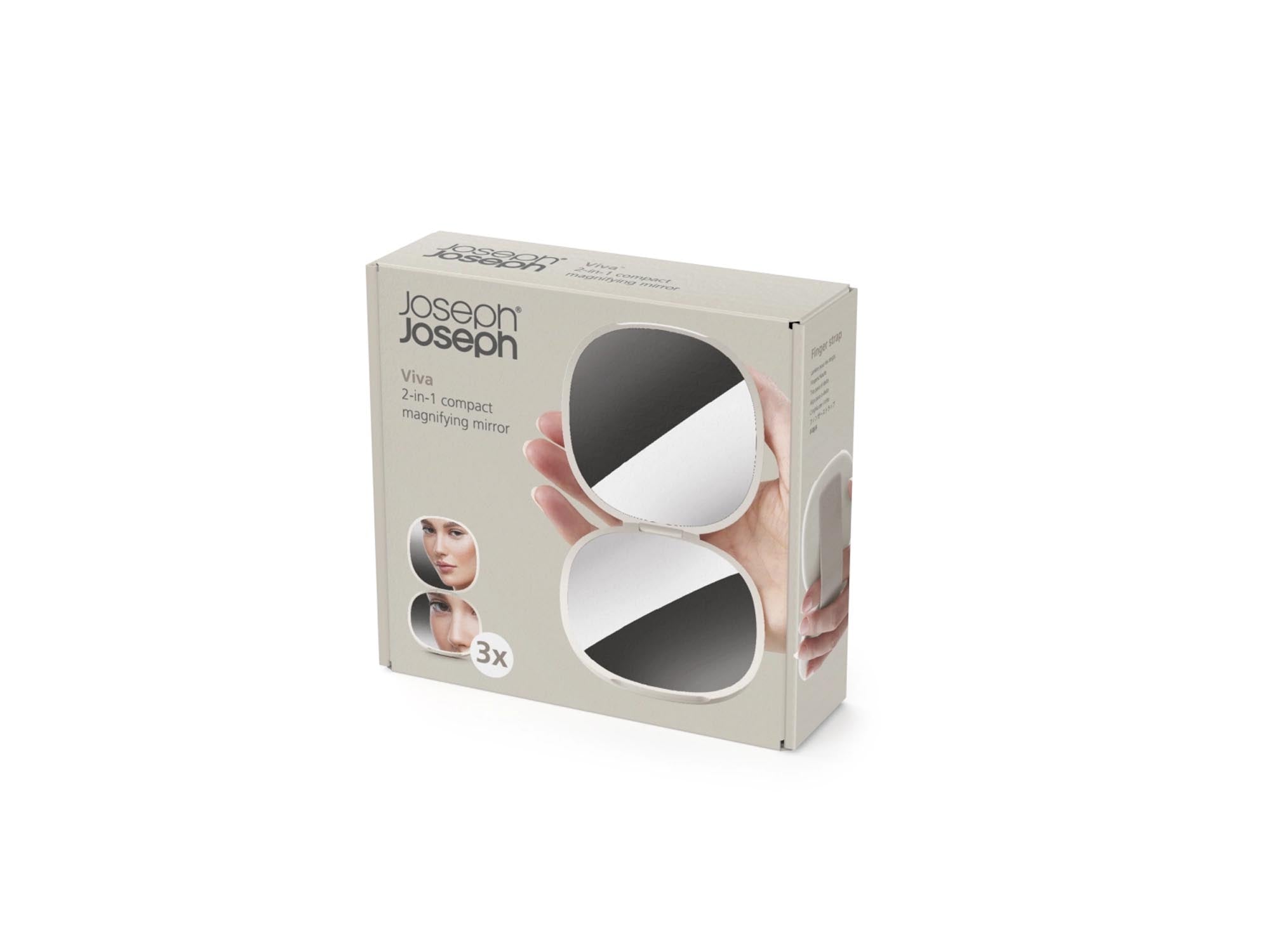 Eleganter Vergrösserungsspiegel von Joseph Joseph: 5-fach Zoom, robuster ABS-Rahmen, starker Saugnapf, ideal für Make-up und Rasur.