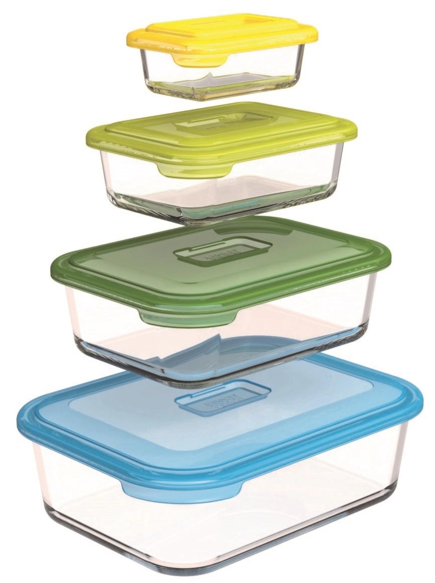 Praktisches 4-teiliges Set von Joseph Joseph: Hochwertige Glasbehälter für die sichere Aufbewahrung von Lebensmitteln. Stapelbar, nachhaltig und leicht zu reinigen.