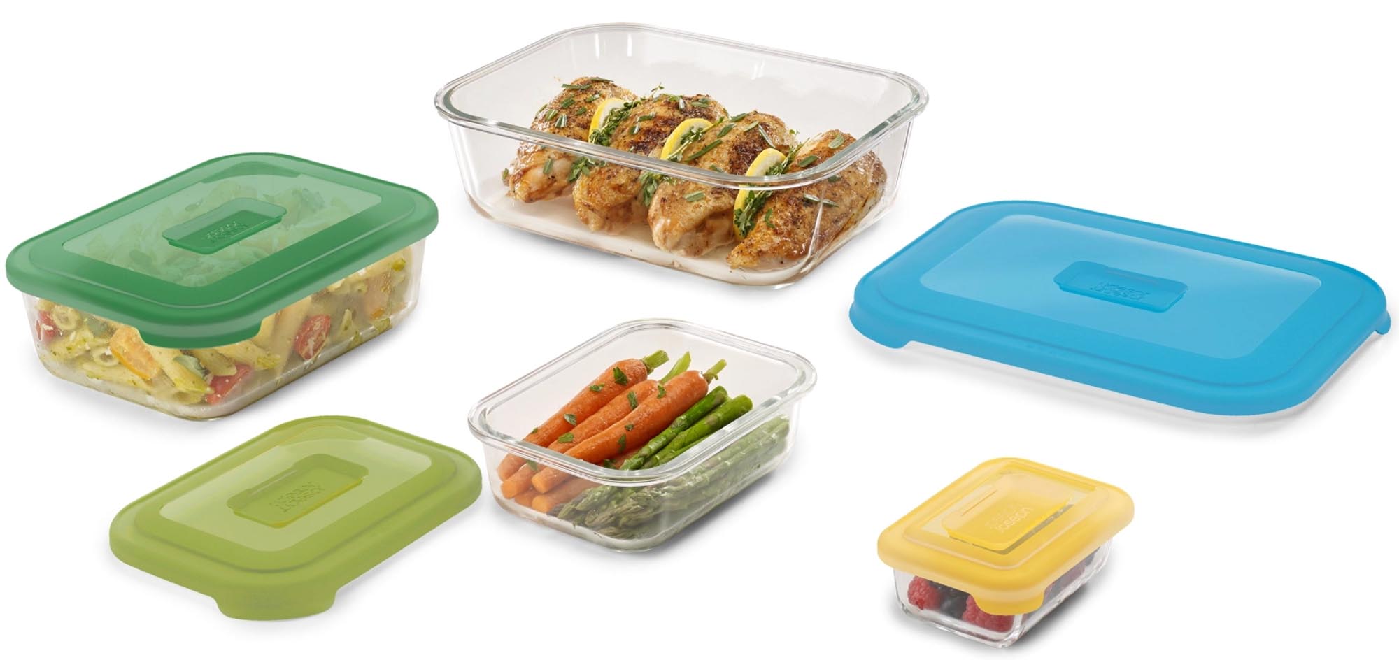 Praktisches 4-teiliges Set aus robustem Borosilikatglas für die stilvolle und frische Aufbewahrung von Lebensmitteln und Snacks.