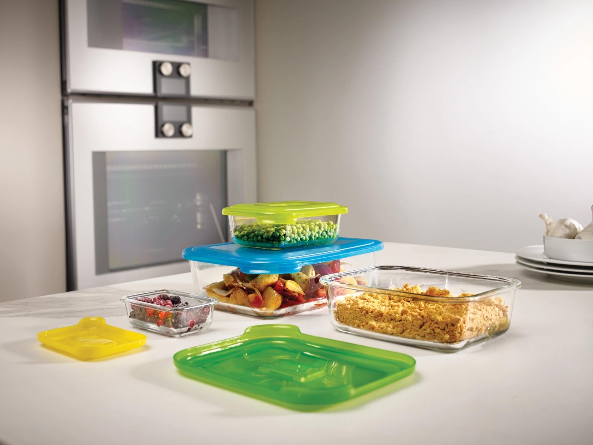 Praktisches 4-teiliges Set aus robustem Borosilikatglas für die sichere Aufbewahrung von Lebensmitteln. Ideal für Ordnung und Frische in Ihrer Küche.