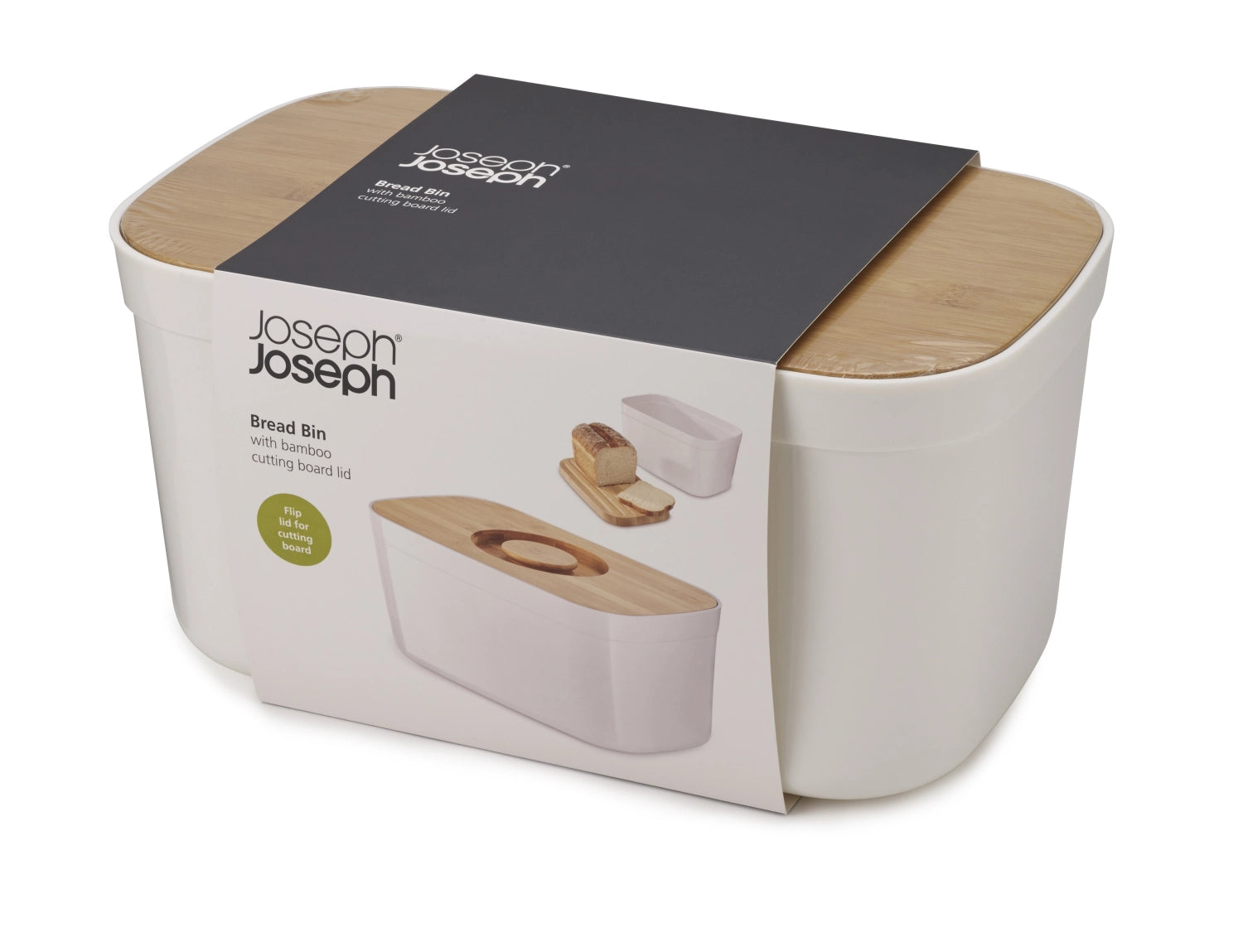 Moderne Brotbox aus weißem Polypropylen und Bambus, ideal für die hygienische Lagerung von Brot und Backwaren, Maße: 37x18x22 cm.