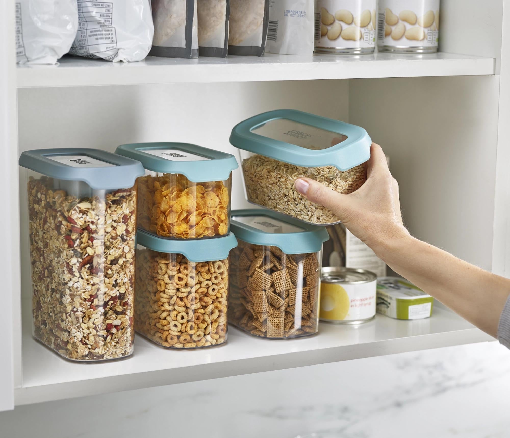 Elegantes 5-teiliges Aufbewahrungsset von Joseph Joseph. Hochwertige, stapelbare Dosen in Opal-Design für frische Lebensmittel und mehr.