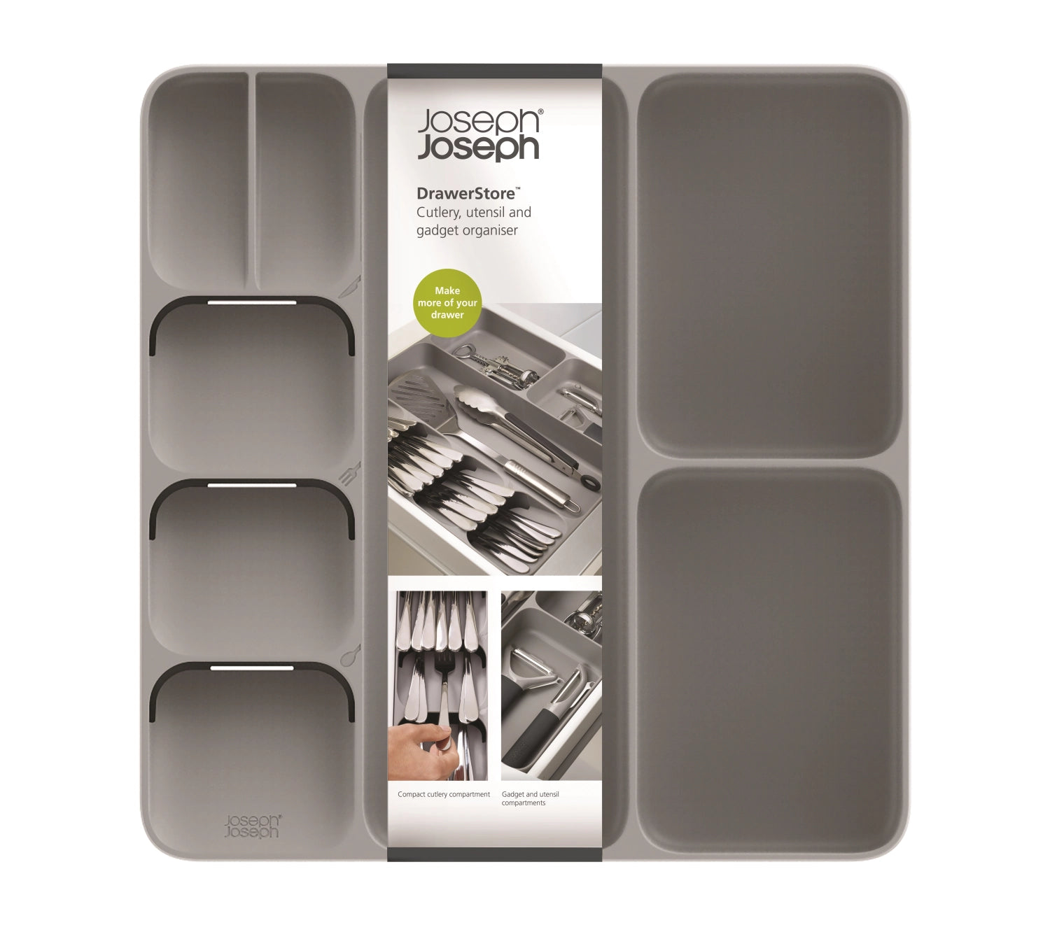 Praktische Besteckeinlage von Joseph Joseph in elegantem Grau, perfekt für die ordentliche Organisation von Besteck in Schubladen, Maße 38.4x39.7x5.3cm.