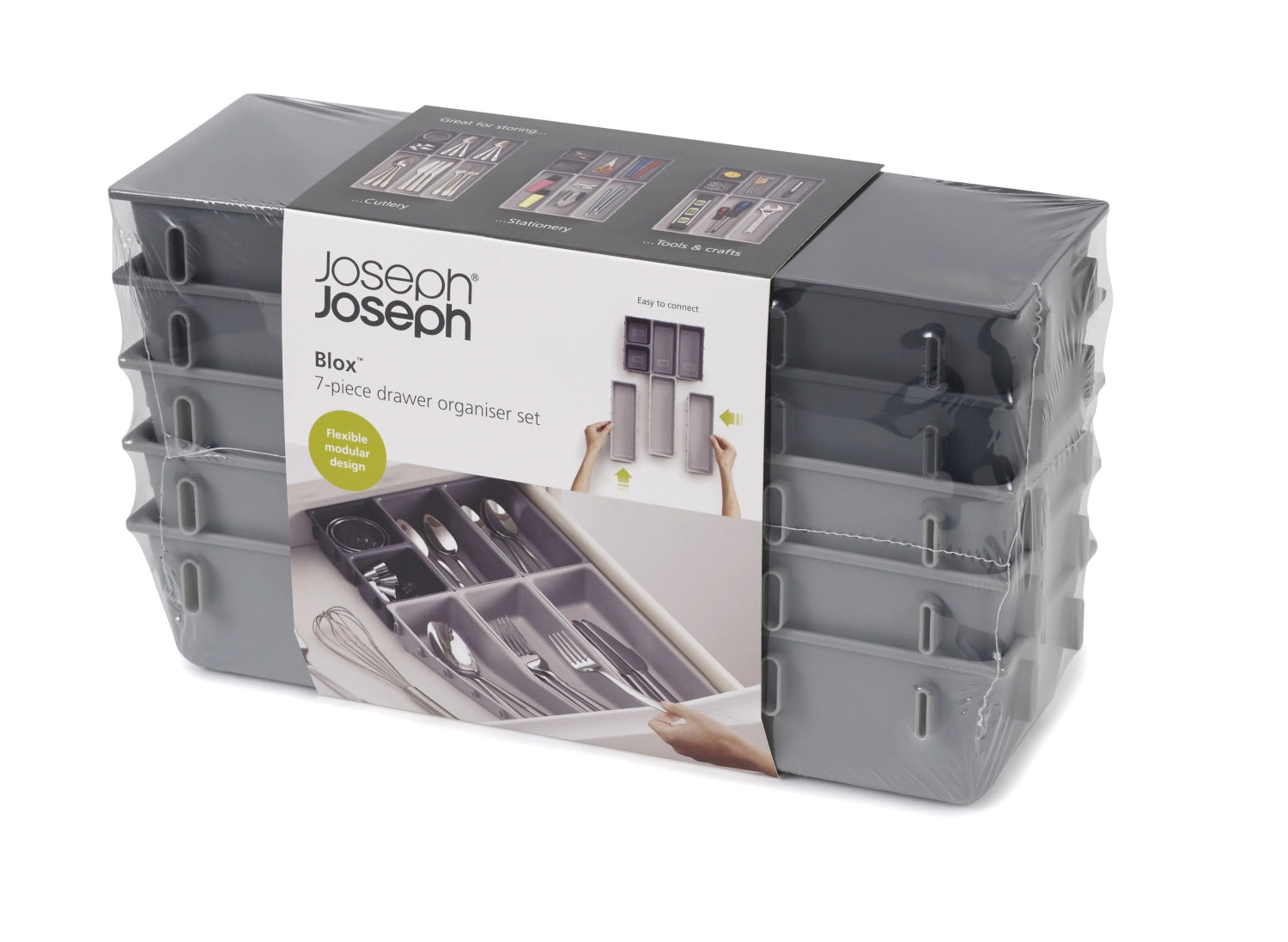 Vielseitiges 7-teiliges Organizer-Set von Joseph Joseph zur optimalen Sortierung von Besteck und Küchenhelfern in Schubladen.