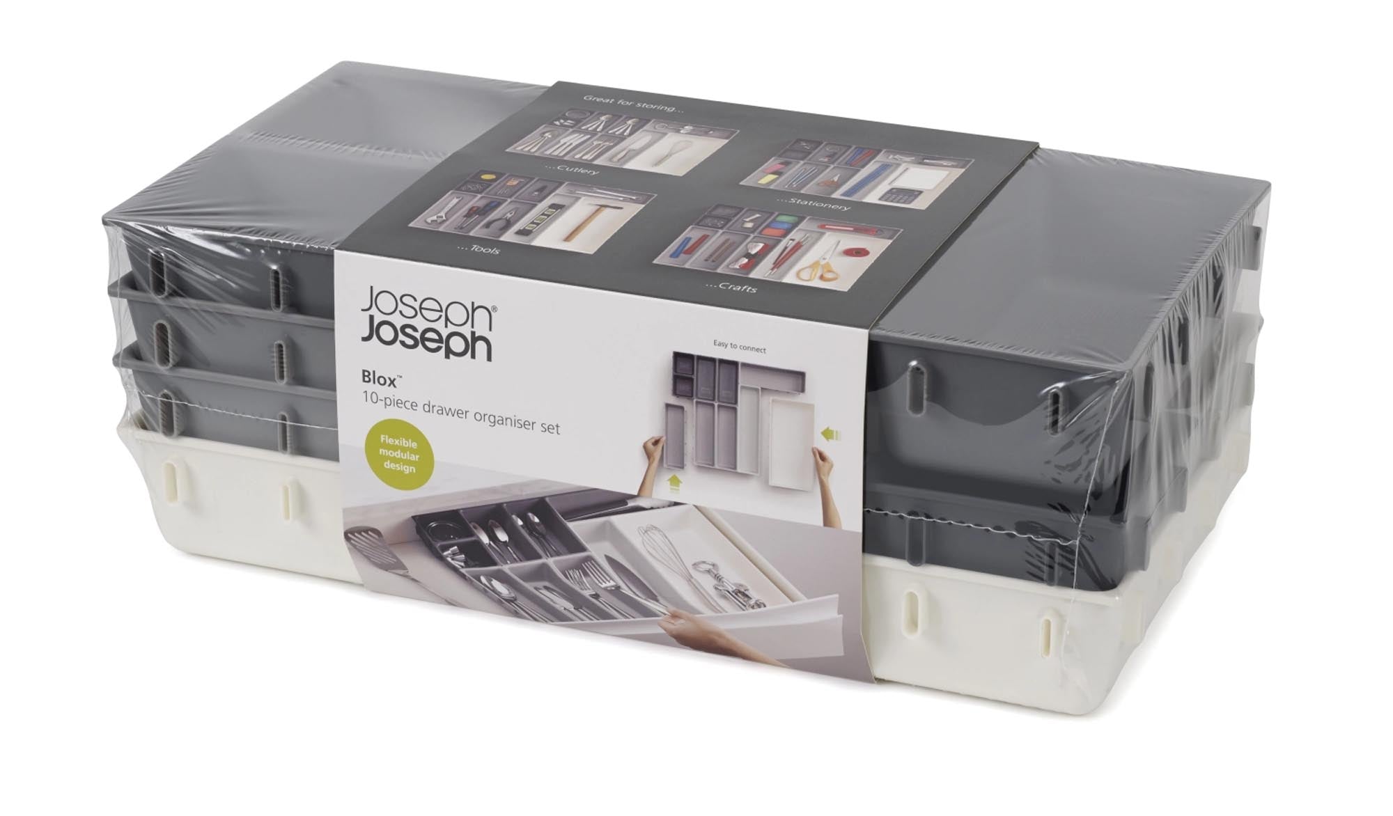 Das Blox 10-teilige Schubladen-Organizer-Set von Joseph Joseph bietet flexible, langlebige Aufbewahrungslösungen für Besteck, Bürobedarf und Kosmetik.