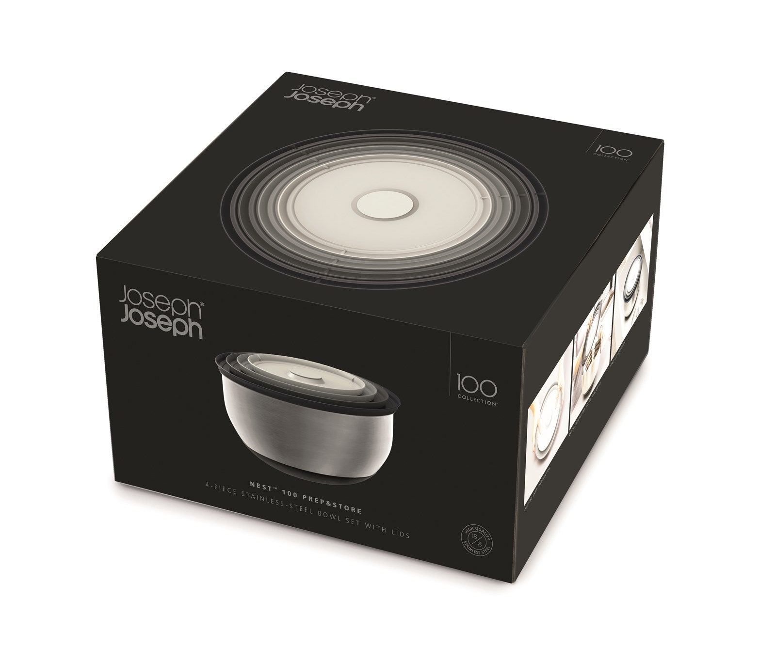 Entdecken Sie das elegante 4-teilige Schüsselset aus rostfreiem Stahl von Joseph Joseph – ideal für jede Küche und vielseitig einsetzbar.