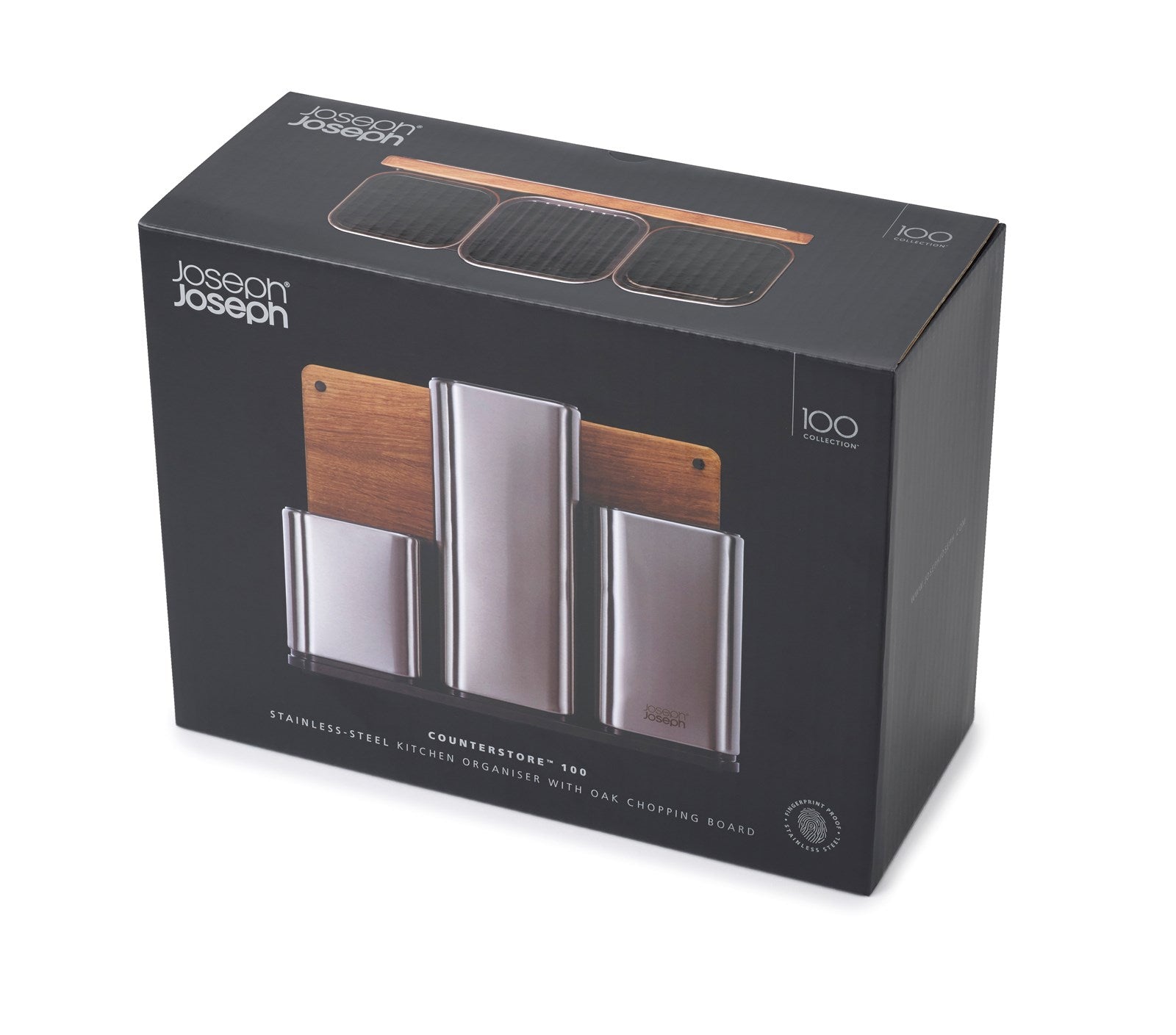 Praktischer Joseph Joseph Steel Collection CounterStore (31x12.5x23cm) mit integriertem Schneidebrett – ideal für die stilvolle Küchenorganisation.