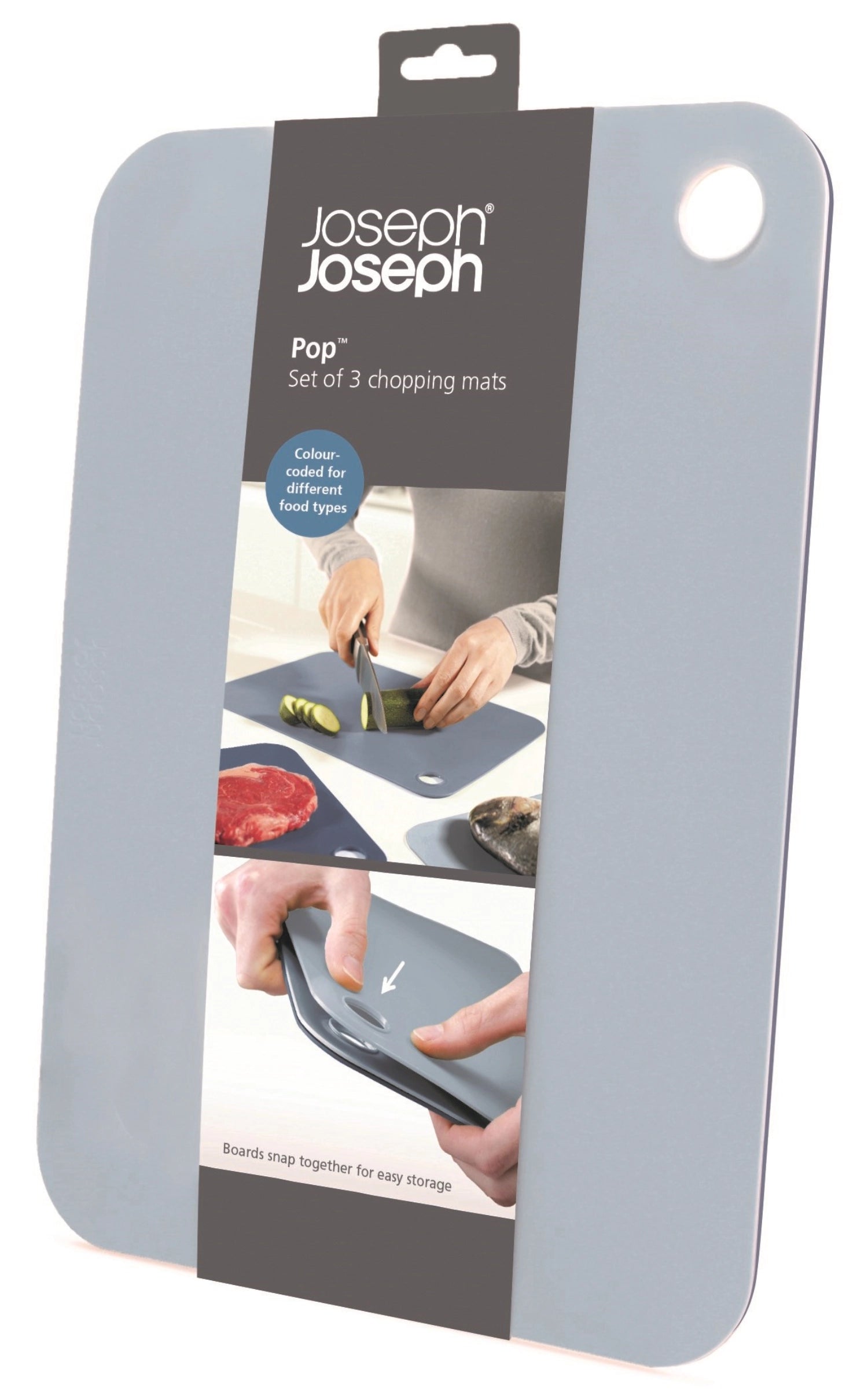 Set aus drei vielseitigen Schneidmatten von Joseph Joseph, perfekt für hygienisches Schneiden, Maße: 34x24x0.6 cm, ideal für jede Küche.