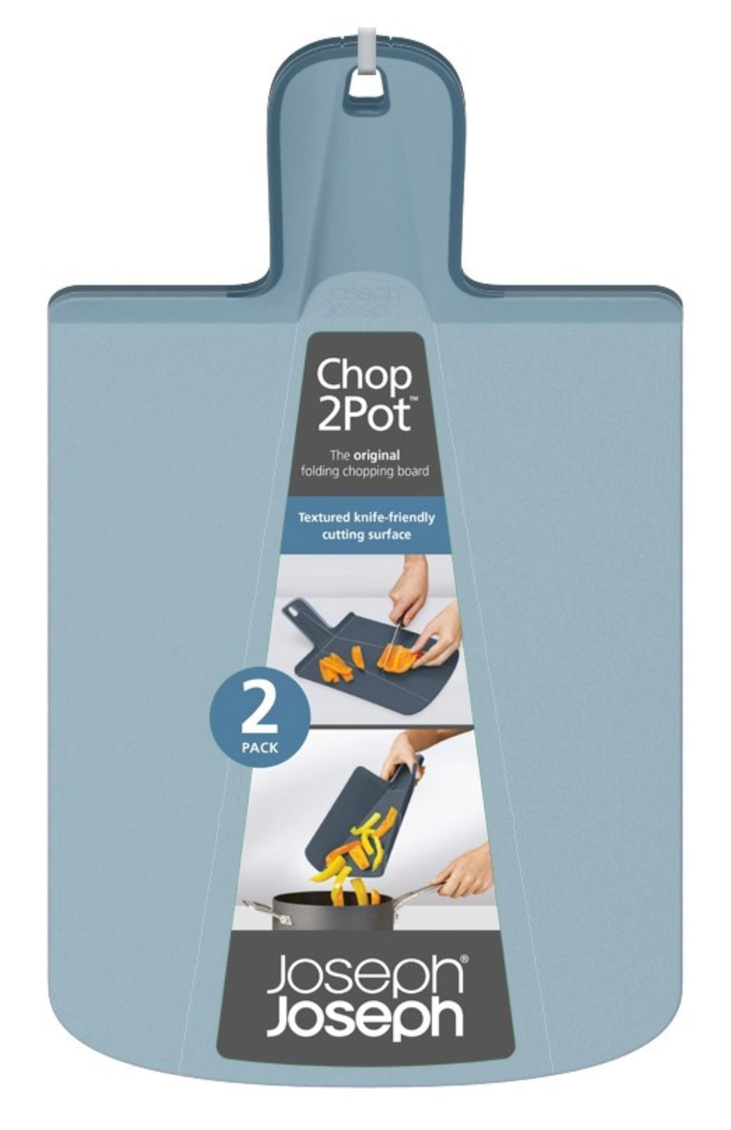 Zwei innovative Chop2Pot Plus Sky Schneidbretter von Joseph Joseph, 38x21x3cm, perfekt für einfaches Schneiden und müheloses Umfüllen von Zutaten.