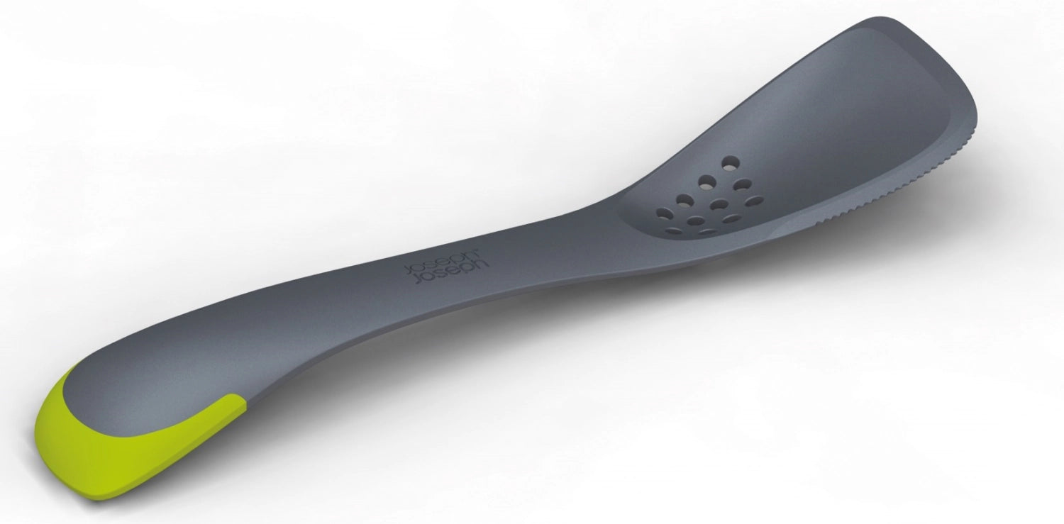 Entdecken Sie das Joseph Joseph Mehrzweck-Tool in grau-grün, 30cm, mit 5 Funktionen: Schneiden, Schälen, Reiben, Hobeln, Zerkleinern. Ideal für jede Küche!