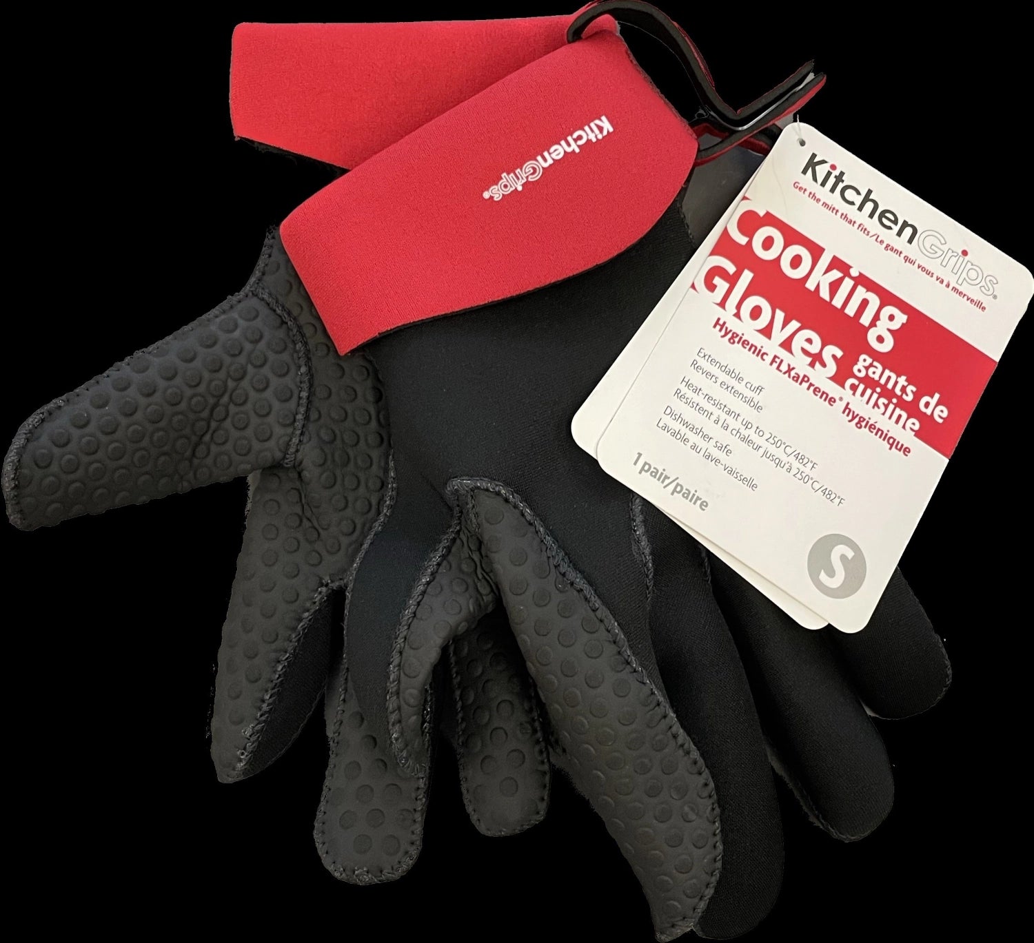 Elegante Küchenhandschuhe in Schwarz und Rot, Größe S, mit fünf Fingern von Cuisipro. Perfekt für sicheres Kochen und Backen, kombinieren Funktionalität mit modernem Stil.