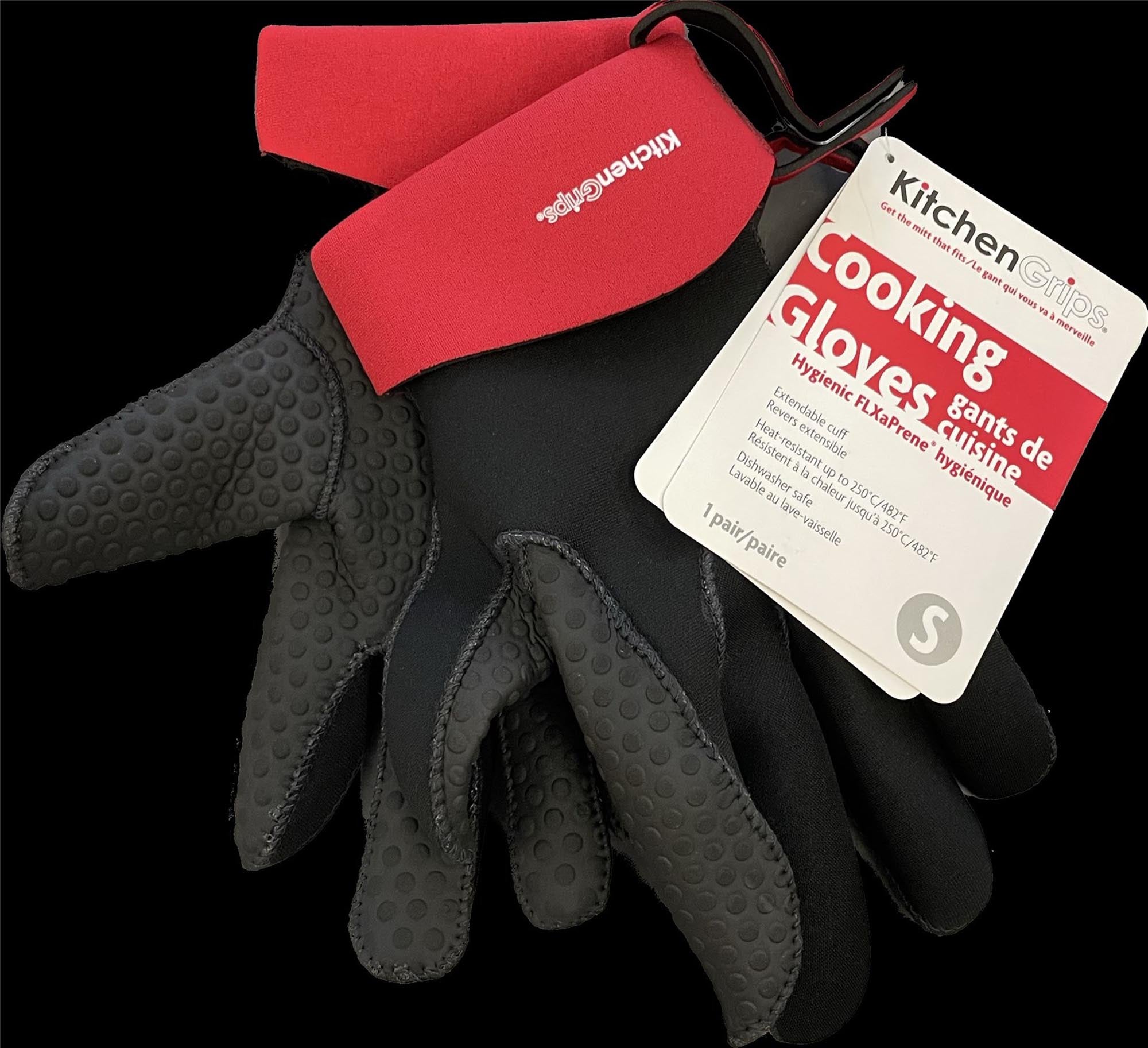 Schwarze und rote Küchenhandschuhe in Größe S mit fünf Fingern von Cuisipro, idealer Schutz beim Kochen und Backen, stilvolles Design.