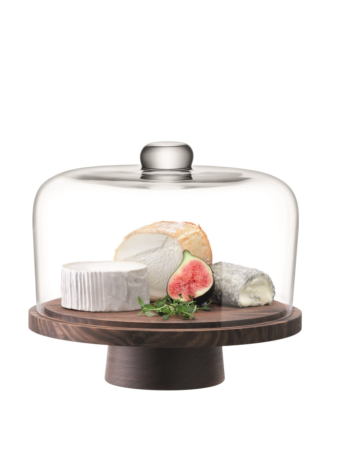 Elegante City Cloche aus klarem Glas mit edlem Nussbaum-Unterteil, ideal für stilvolle Präsentationen.