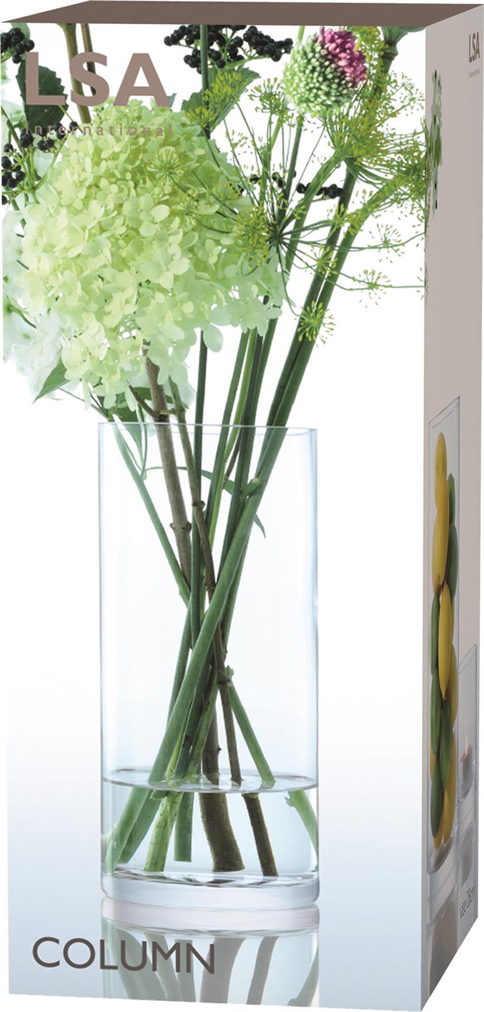 Elegante LSA Column Vase aus klarem, handgefertigtem Glas, 28cm hoch, ideal für stilvolle Blumenarrangements.