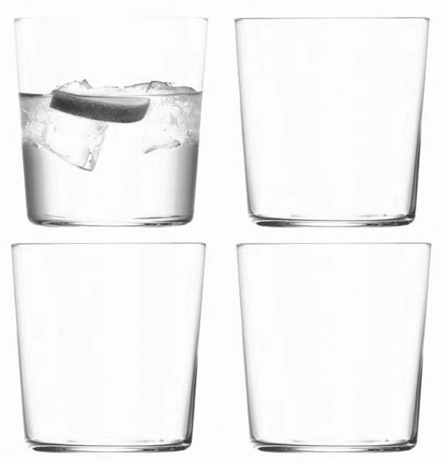Set aus vier klaren Gio Bechern von LSA, 390ml, ideal für Cocktails und Erfrischungsgetränke, vereint modernes Design mit Funktionalität.