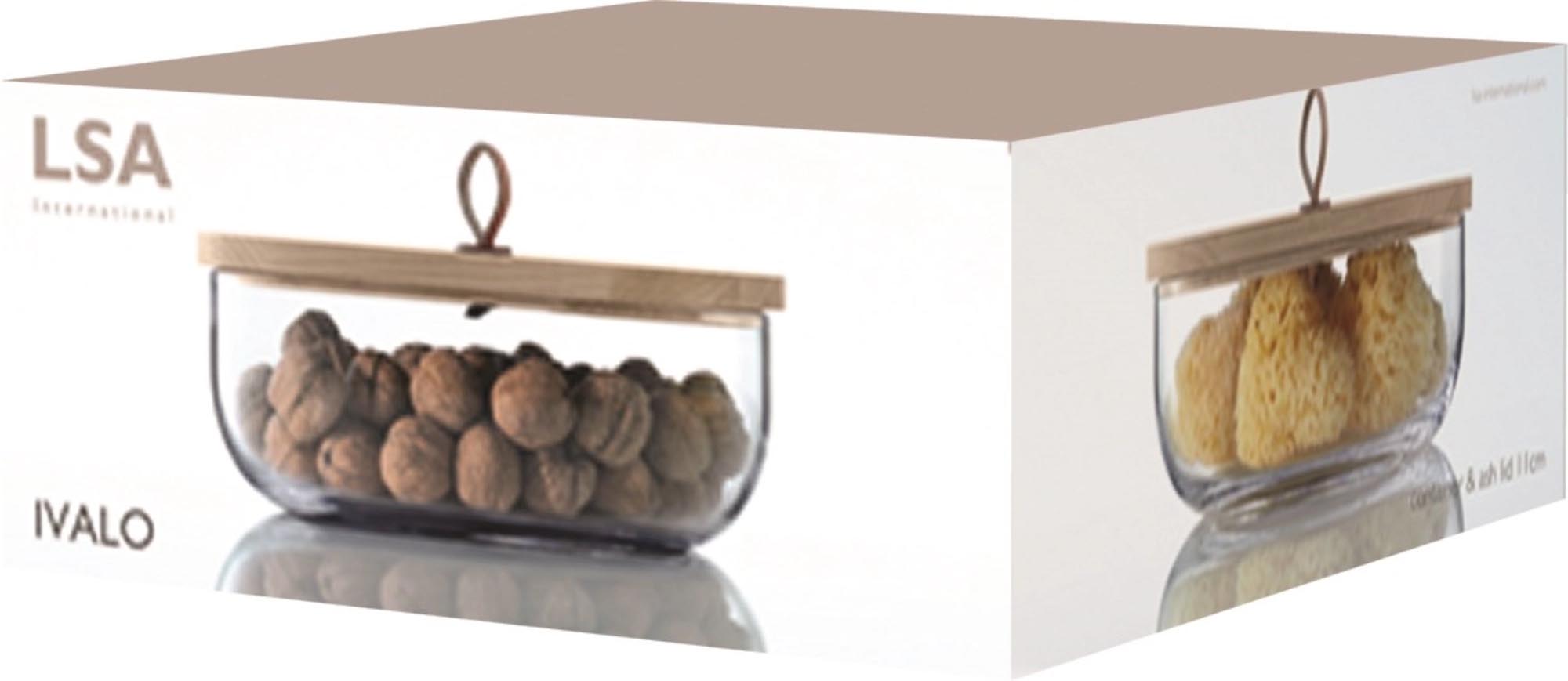 Stilvoller Ivalo Behälter aus klarem Glas mit einem edlen Esche-Deckel, 11 cm hoch. Perfekt für dekorative Aufbewahrung in jedem Zuhause.