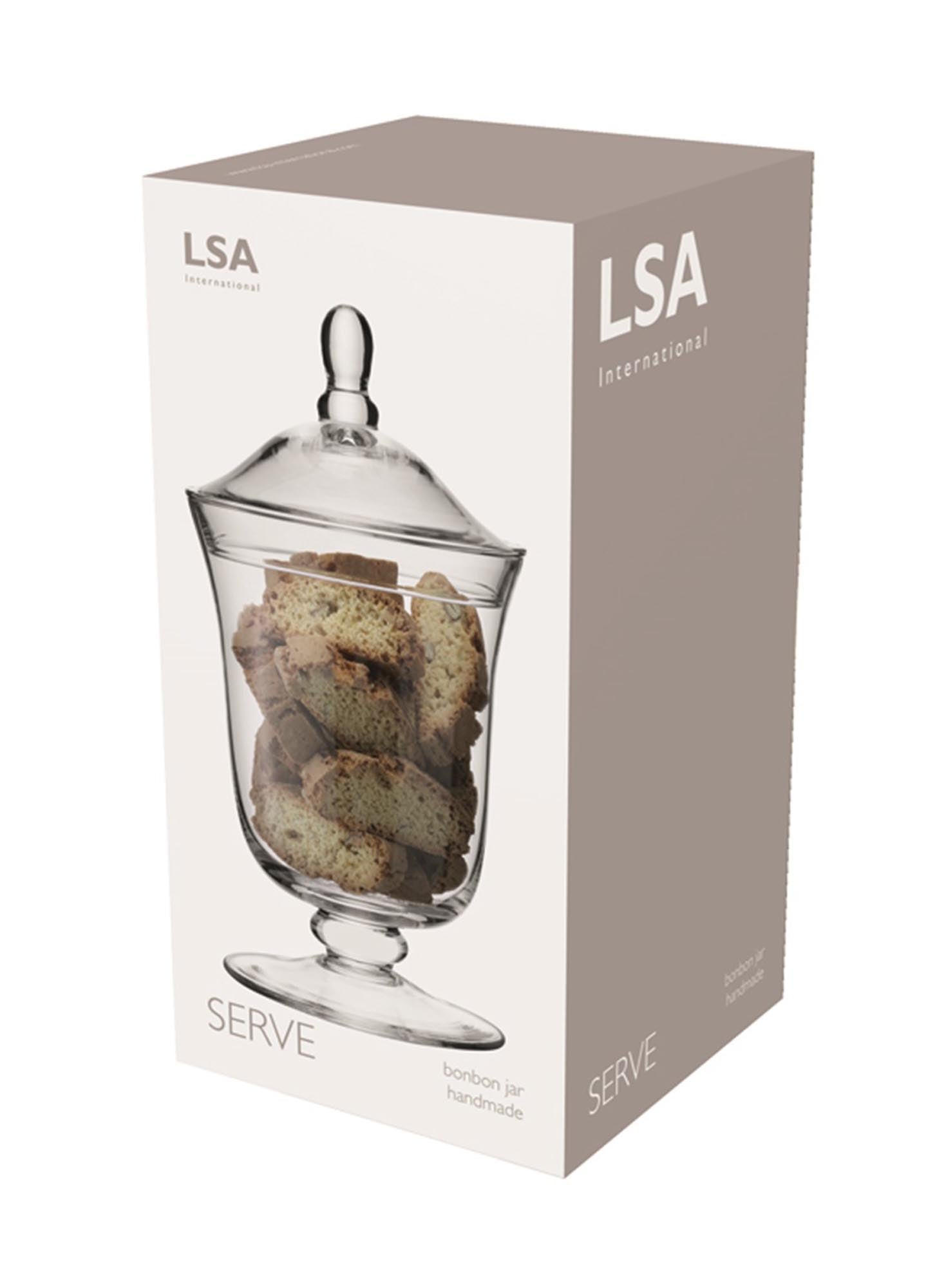 Elegante Serve Bonbonniere von LSA, 25 cm hoch, aus klarem Glas, ideal für die stilvolle Präsentation von Süßigkeiten und Snacks.
